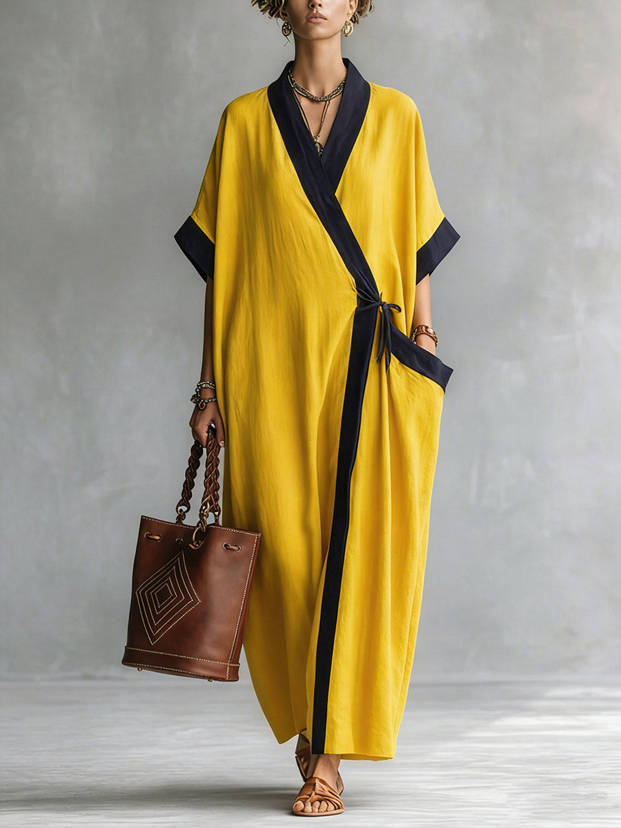 Women's V-neck Sleeve Casual Loose Cotton Linen Dress