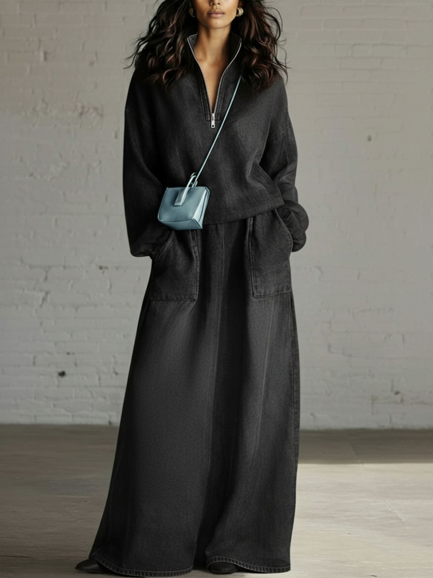 Casual Denim Stand-collar Zip-up Top And Skirt Two-piece Set