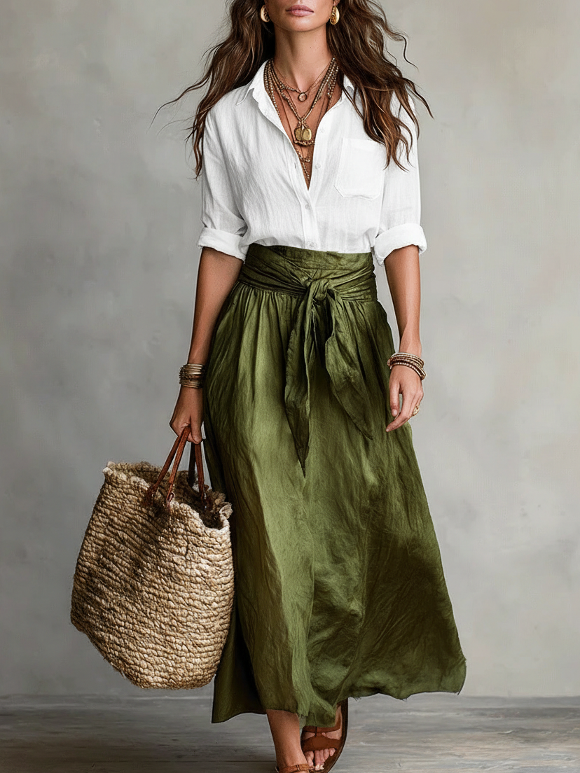 Minimalist Elegant Button-up Shirt And Tie-waist Skirt Two-piece Set