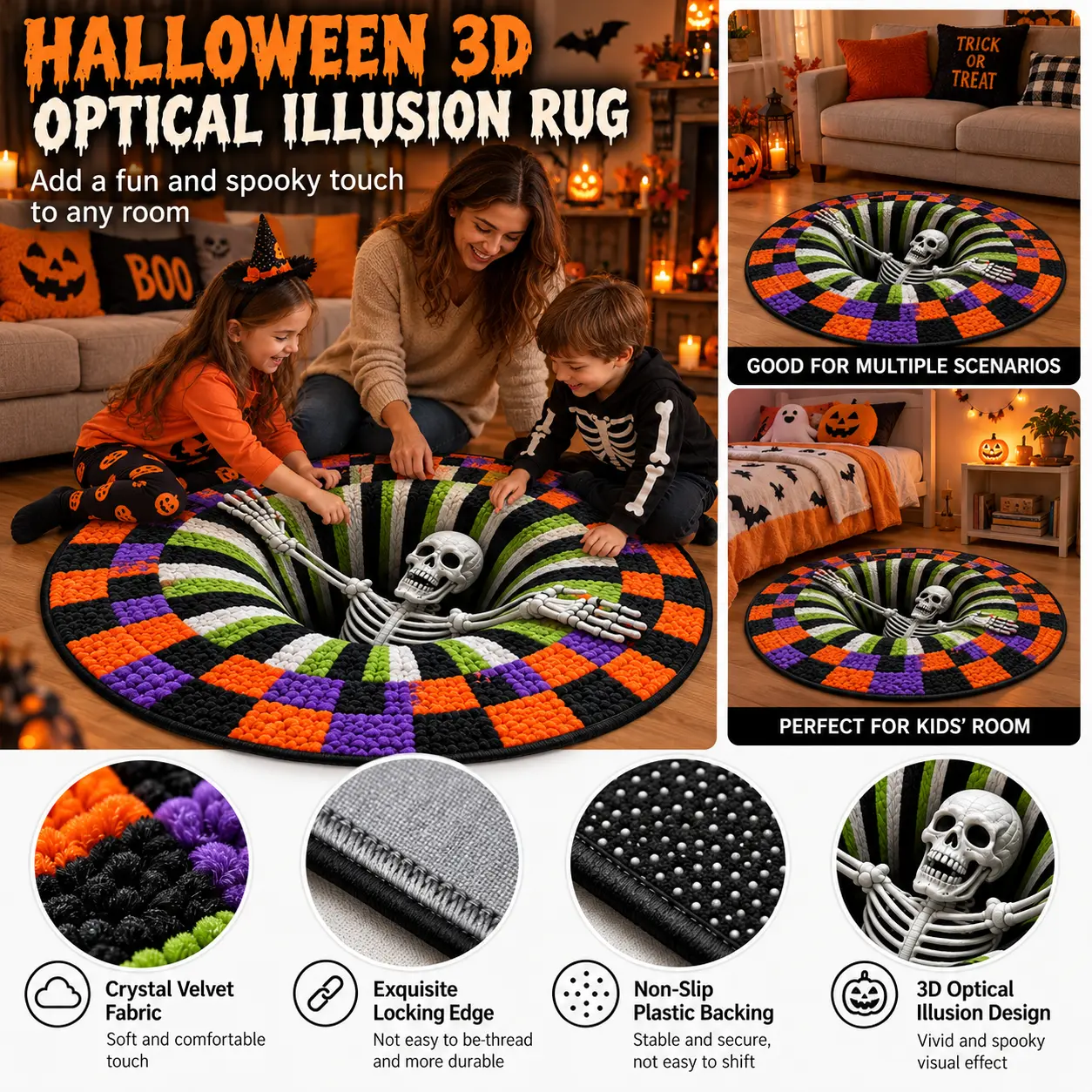 3D Skeleton Optical Illusion Halloween Round Rug, Non-Slip Floor Mat