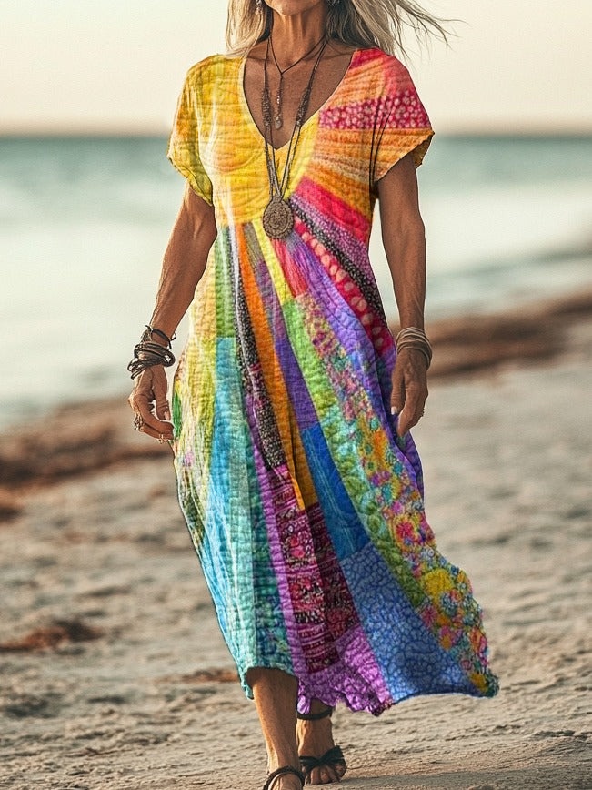 Sun-Dappled Color-Blocked Flowing Dress