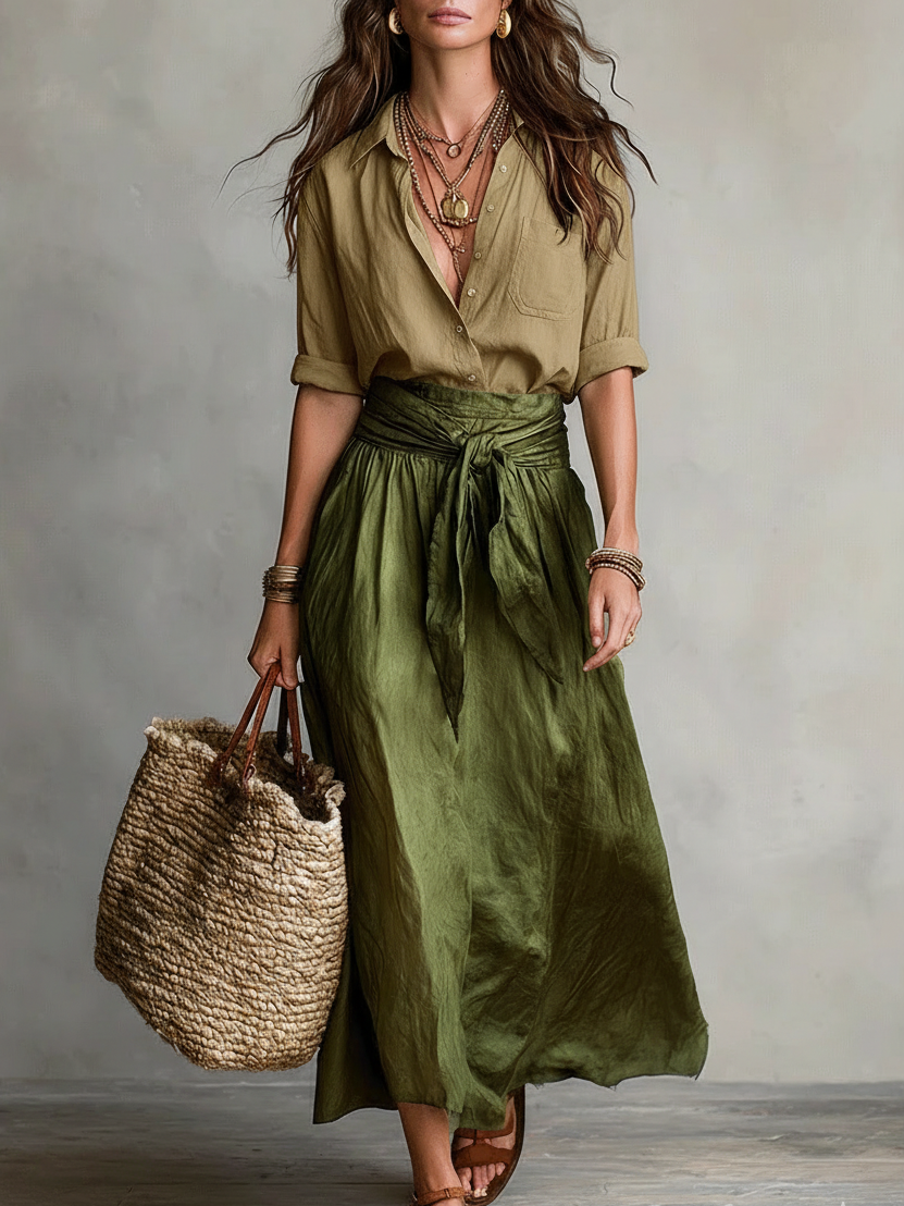 Minimalist Elegant Button-up Shirt And Tie-waist Skirt Two-piece Set