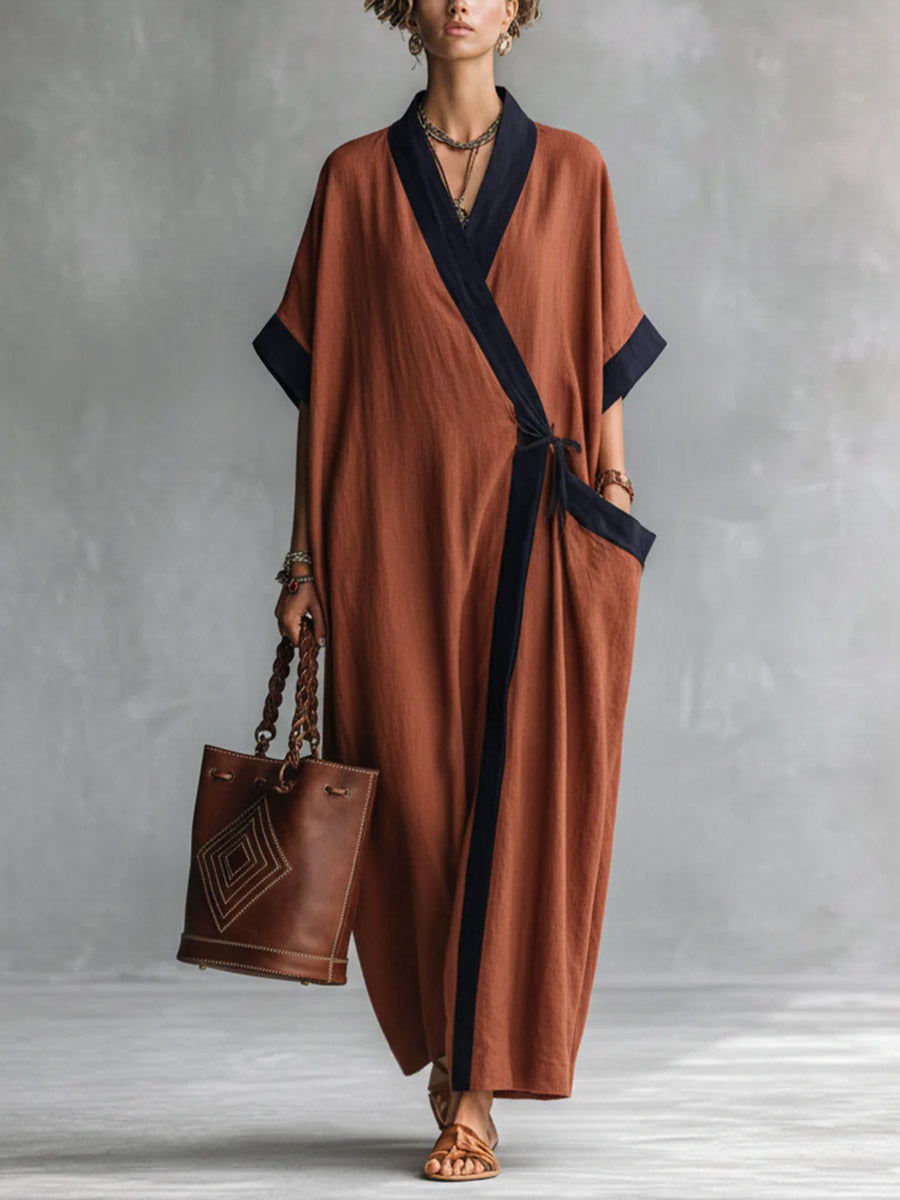 Women's V-neck Sleeve Casual Loose Cotton Linen Dress