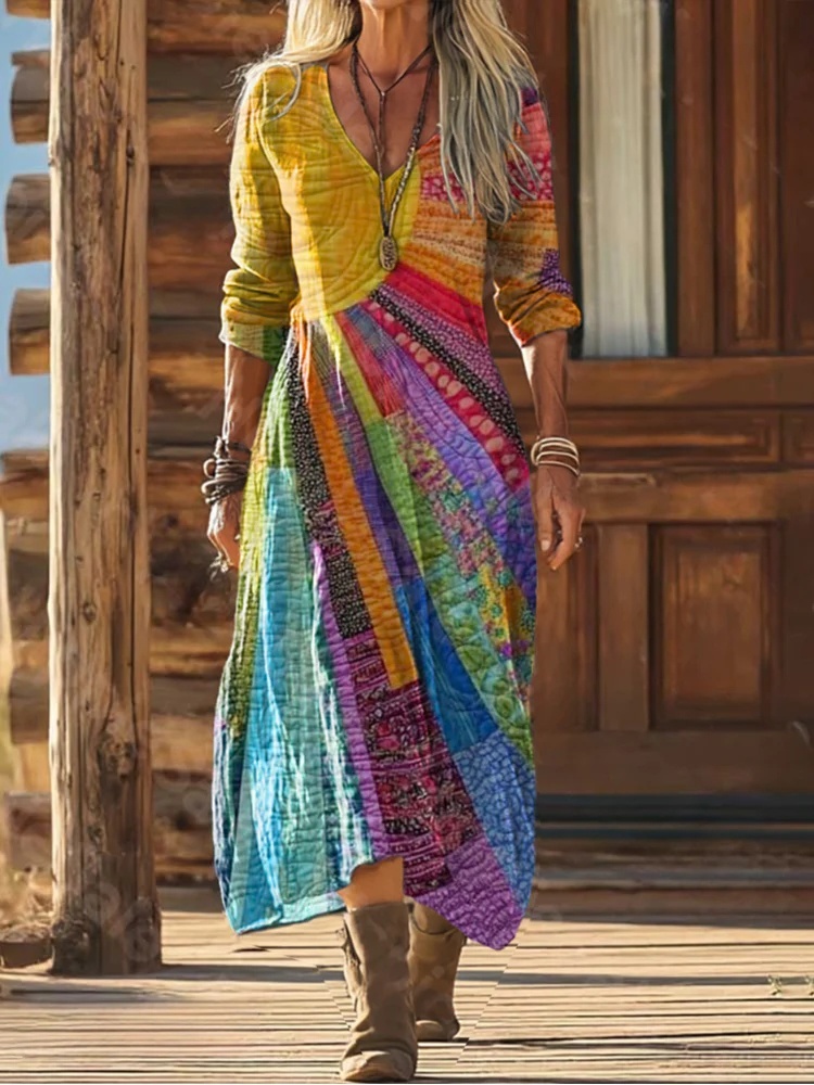 Sun-Dappled Color-Blocked Flowing Dress