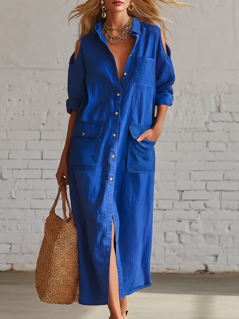 Casual Artistic Hollow-out Shoulder Linen Cotton Dress