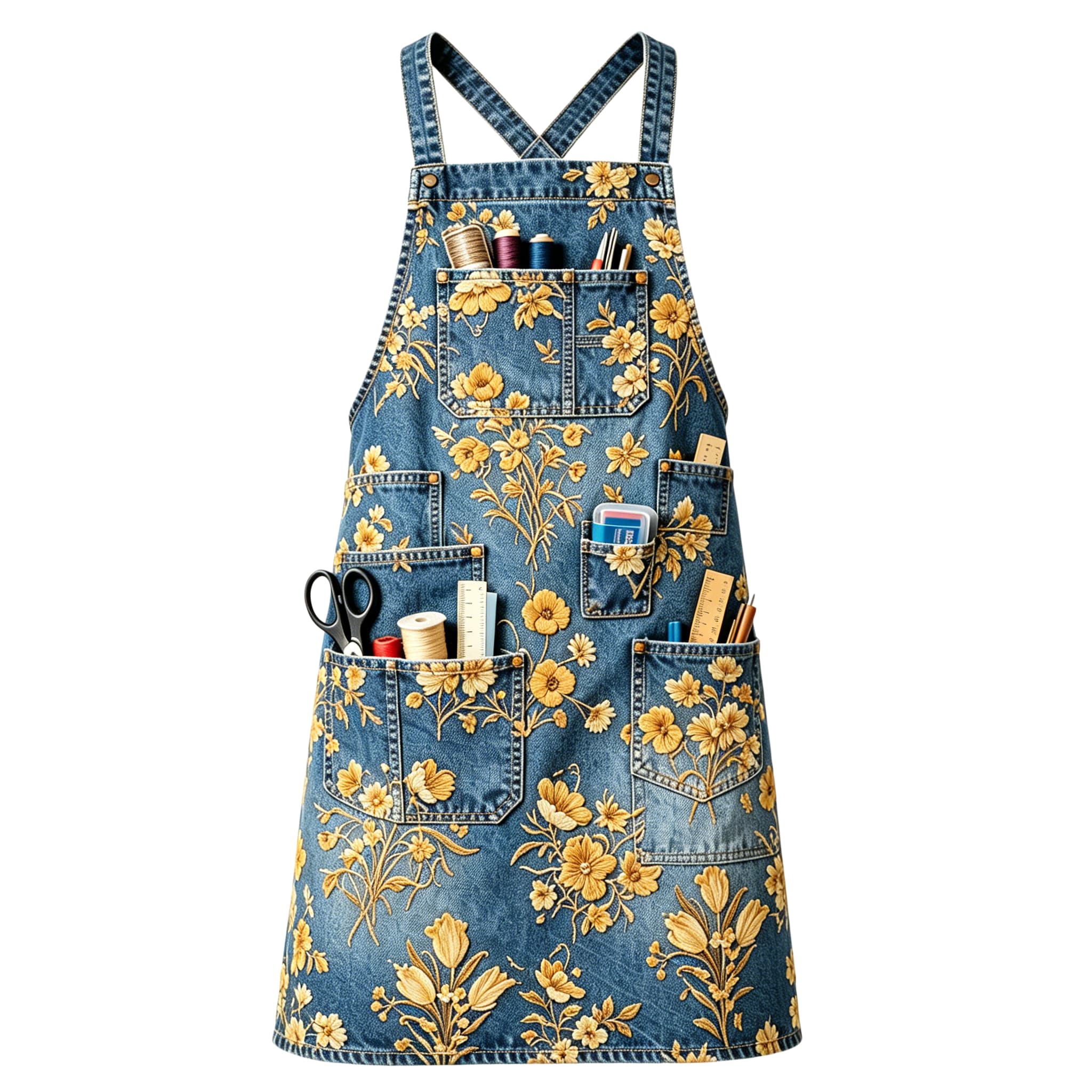 Golden Wildflower Meadow Multi-pocket Cross-back Embroidered Apron