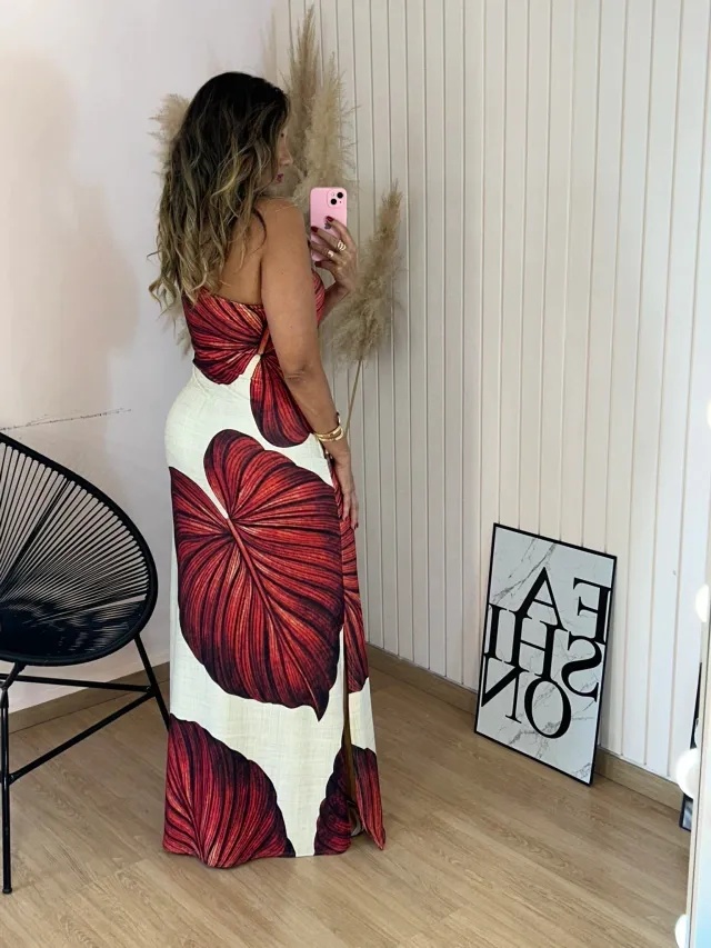 Wine Red Leaf Vein One-Shoulder Maxi Dress