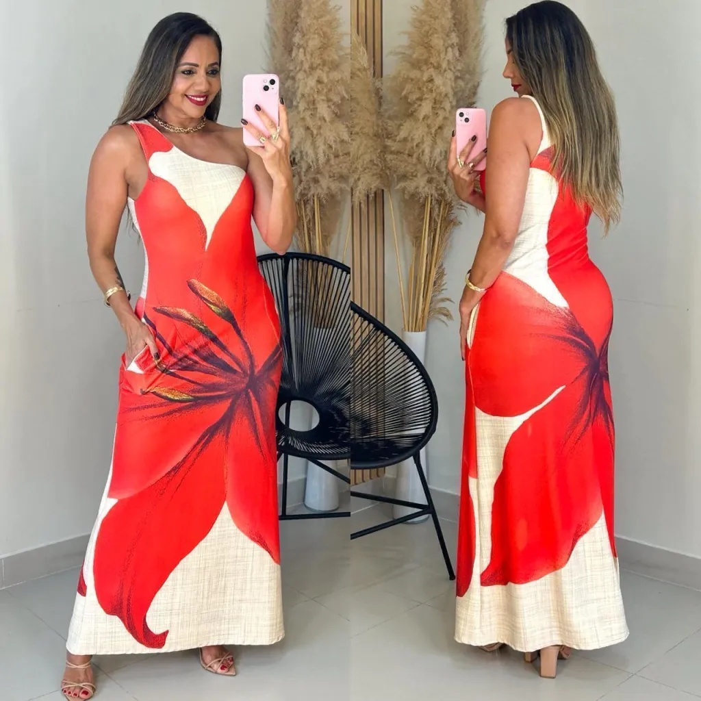 Vibrant Red Floral Print One-Shoulder Maxi Dress