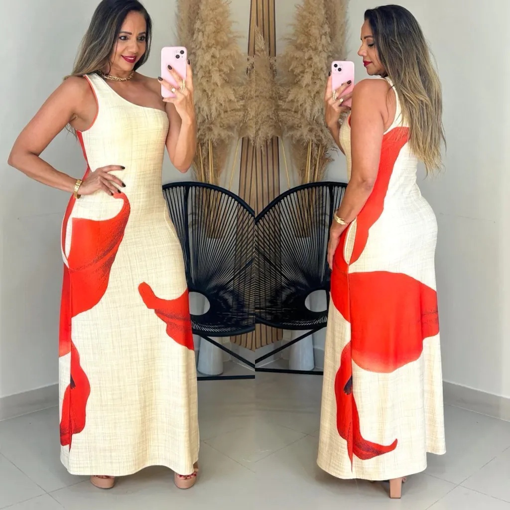 Modern Red Block Print One-Shoulder Maxi Dress