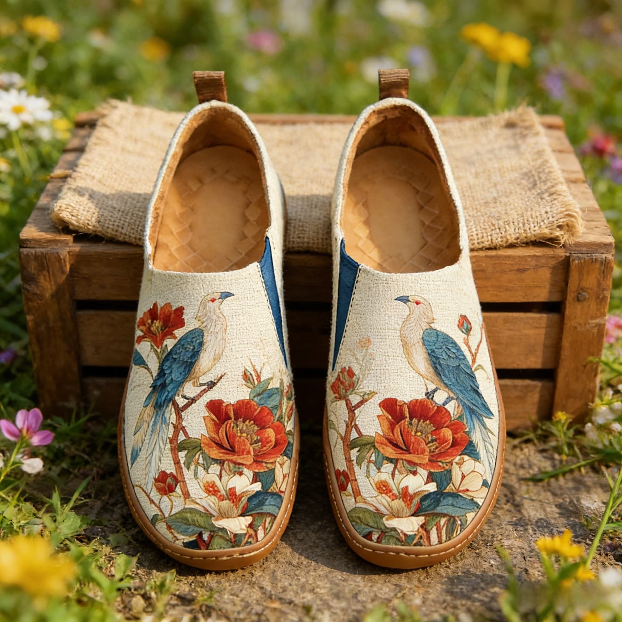 Oriental Bird & Peony Canvas Casual Shoes