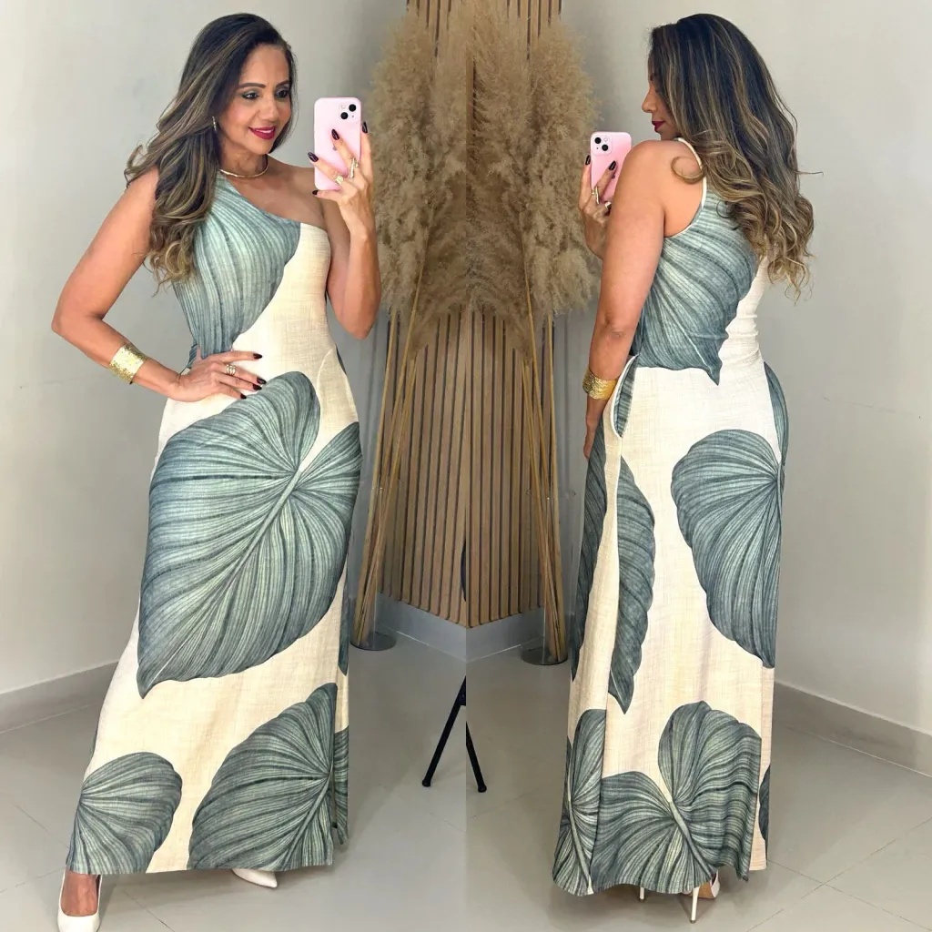 Green Leaf One-Shoulder Maxi Dress