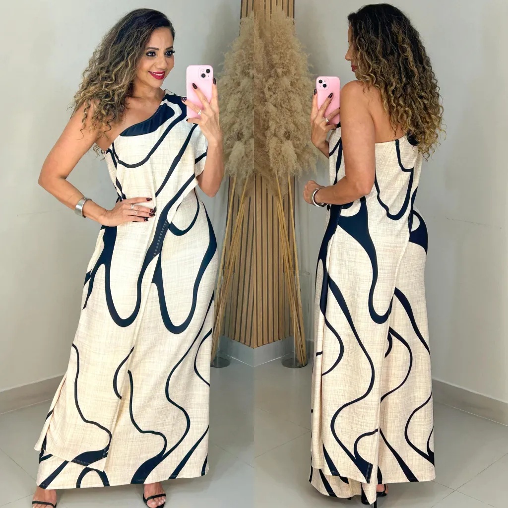 Modern Geometric Swirl One-Shoulder Maxi Dress