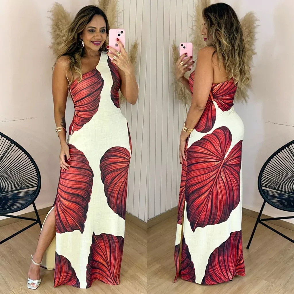 Wine Red Leaf Vein One-Shoulder Maxi Dress