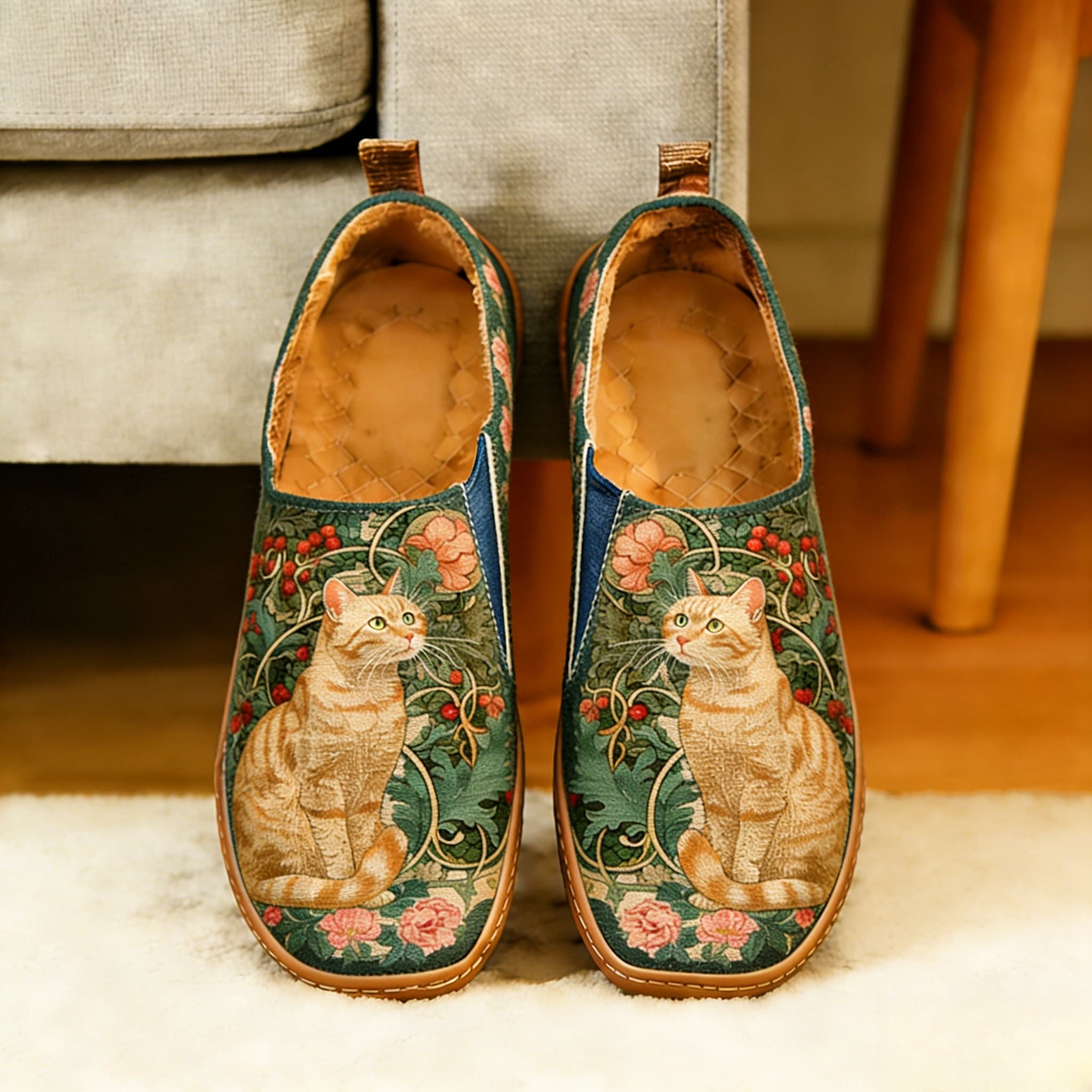 Vintage Floral Ginger Cat Canvas Casual Shoes