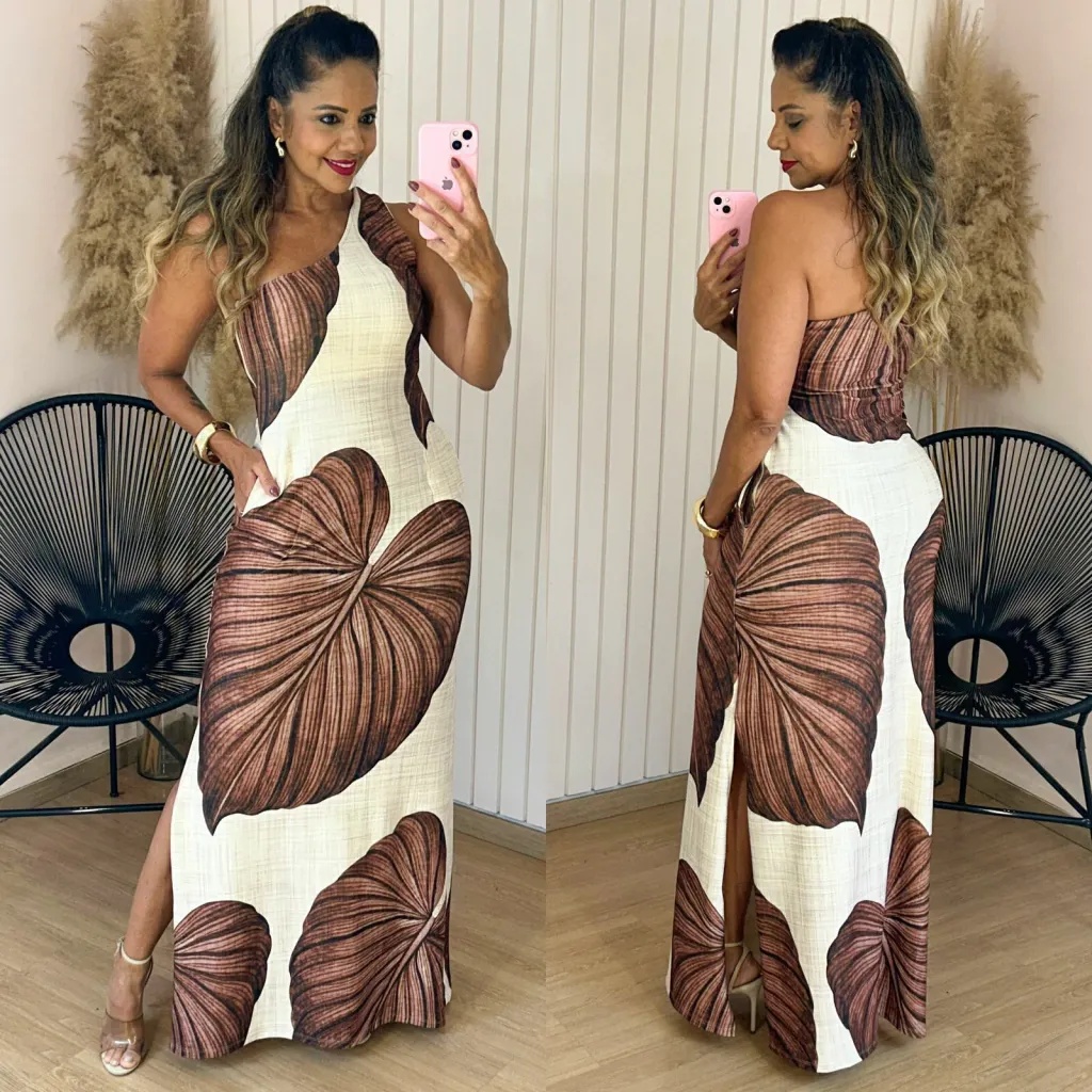 Brown Tropical Leaf One-Shoulder Maxi Dress