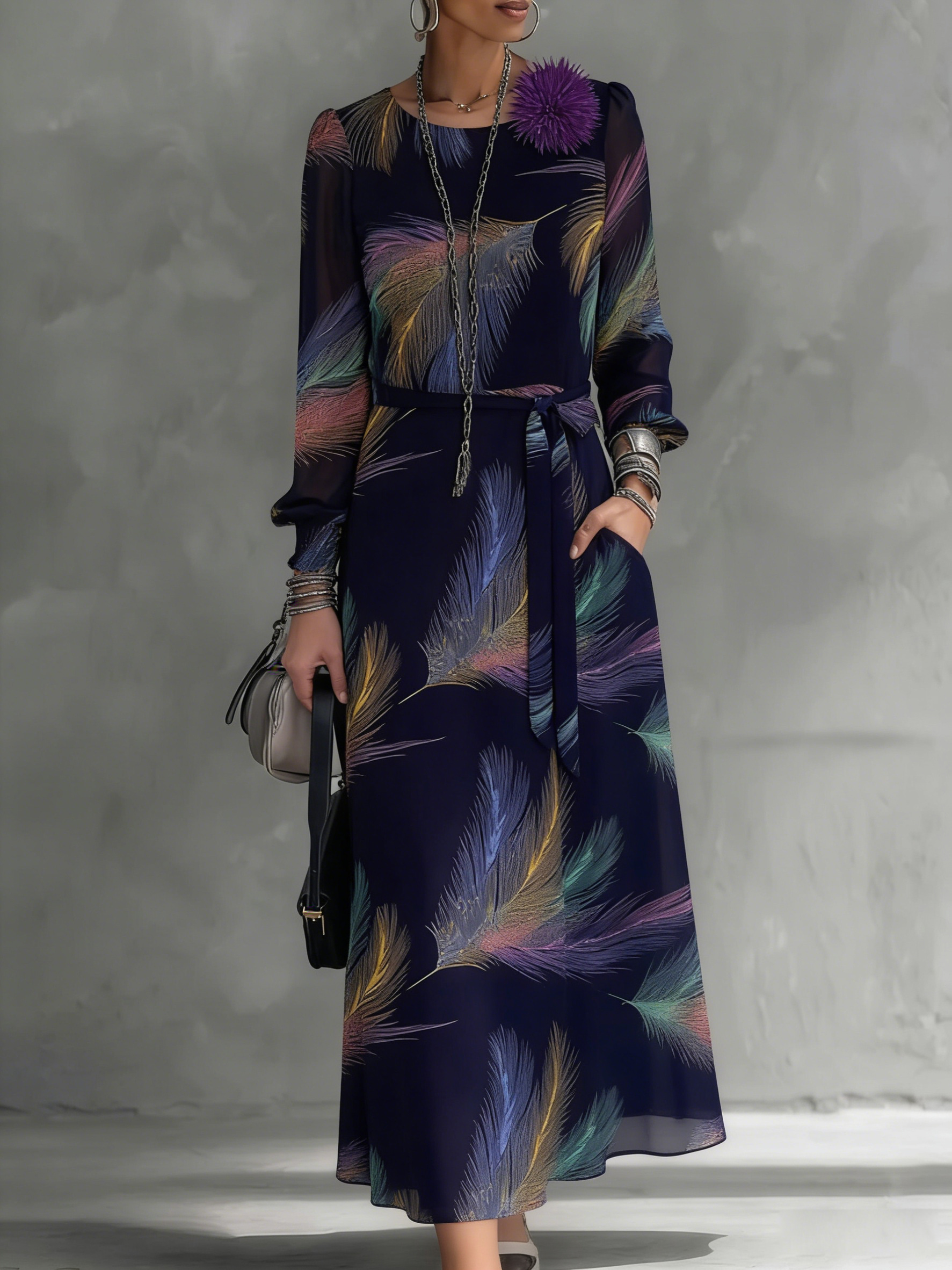 Navy Feather Print Chiffon Maxi Dress