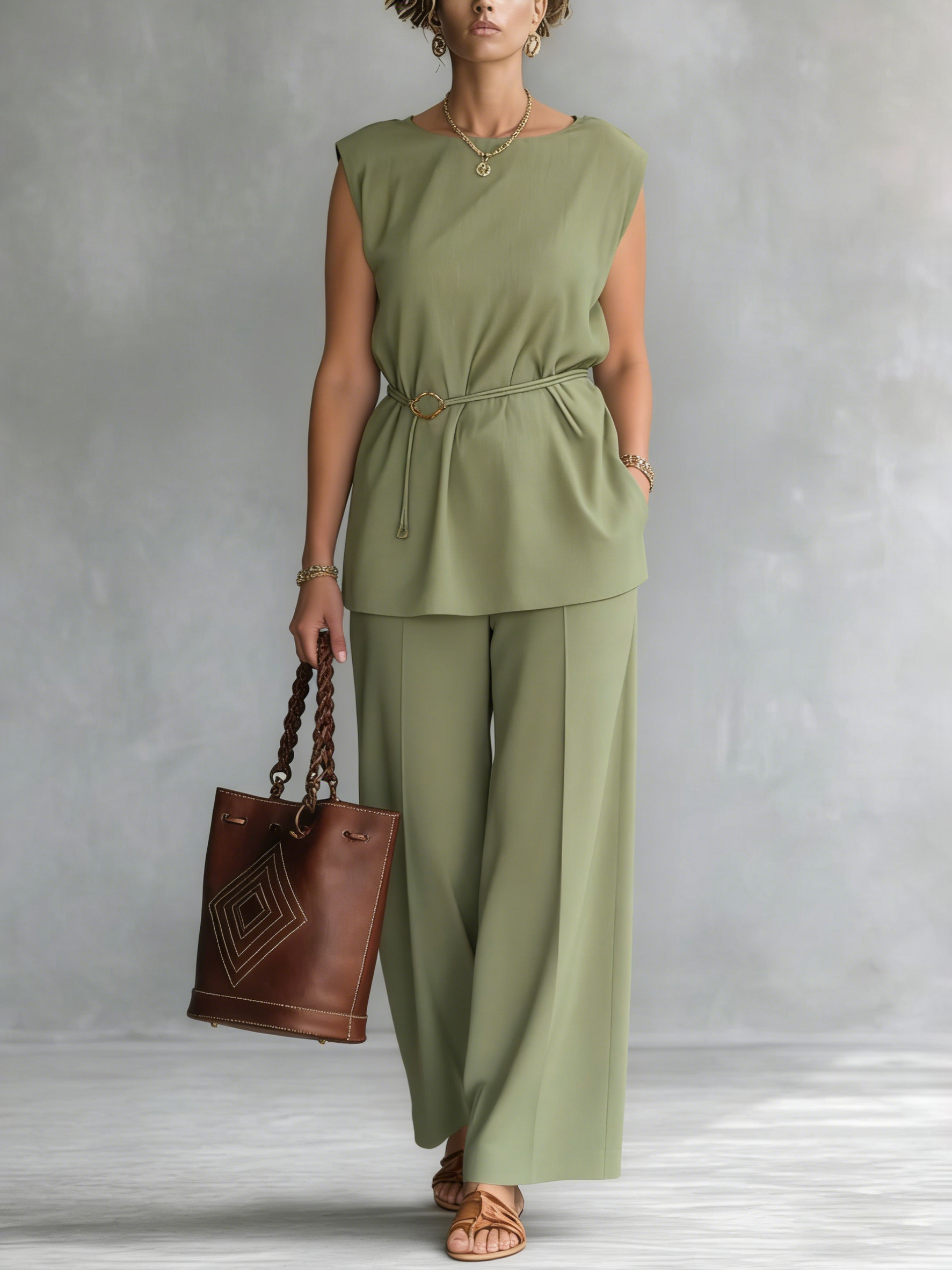 Sage Green Sleeveless Two-Piece Set
