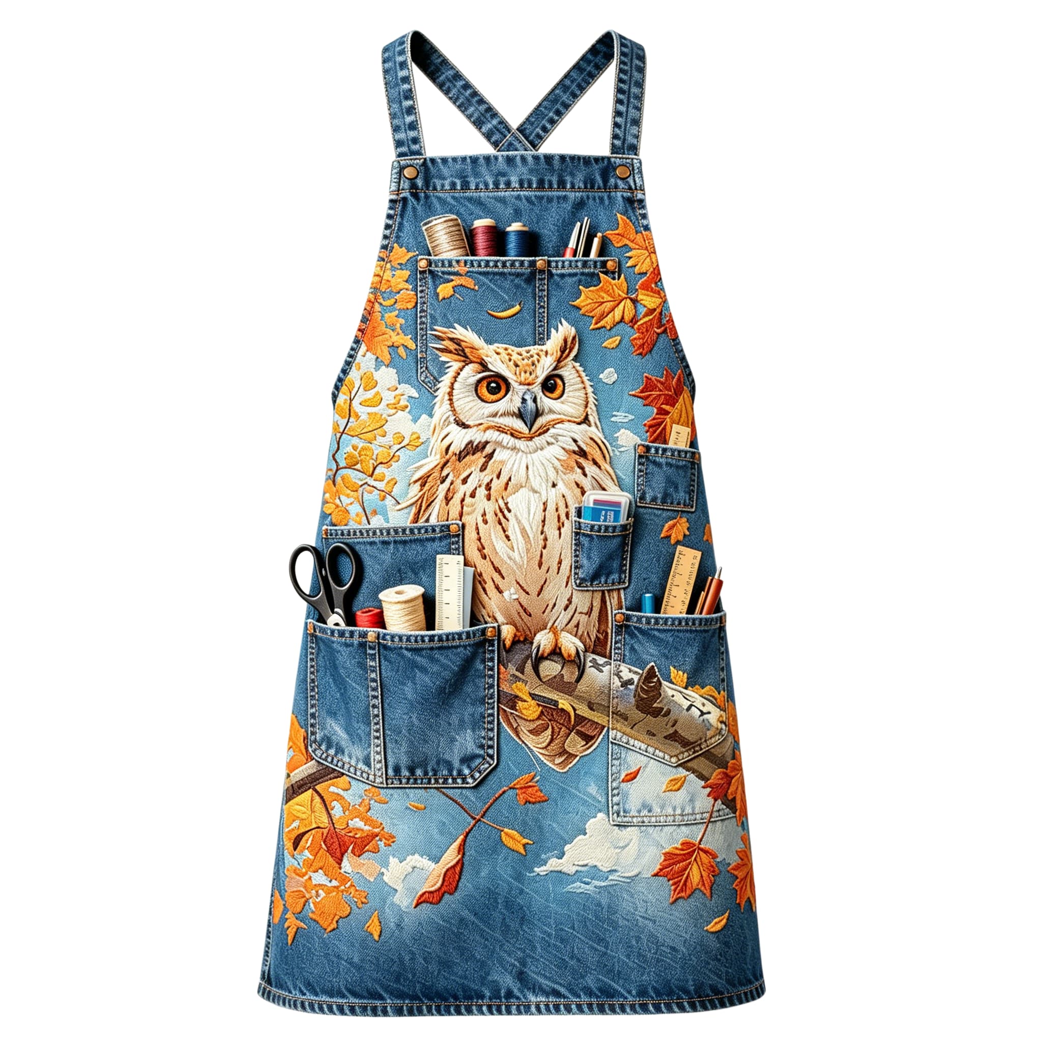 Autumn Owl in Maple Grove Multi-pocket Cross-back Embroidered Apron