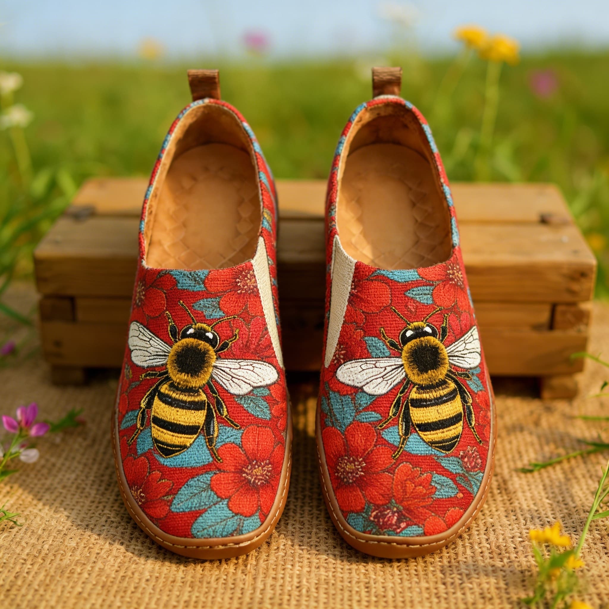 Red Floral Honey Bee Canvas Casual Shoes