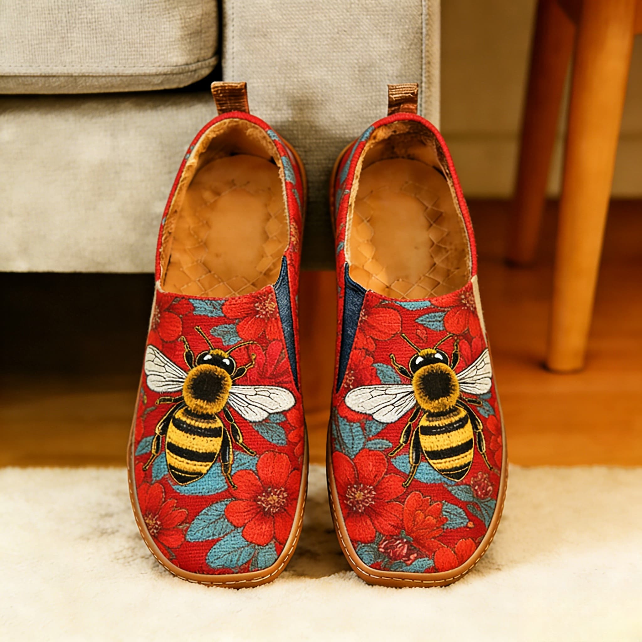 Red Floral Honey Bee Canvas Casual Shoes