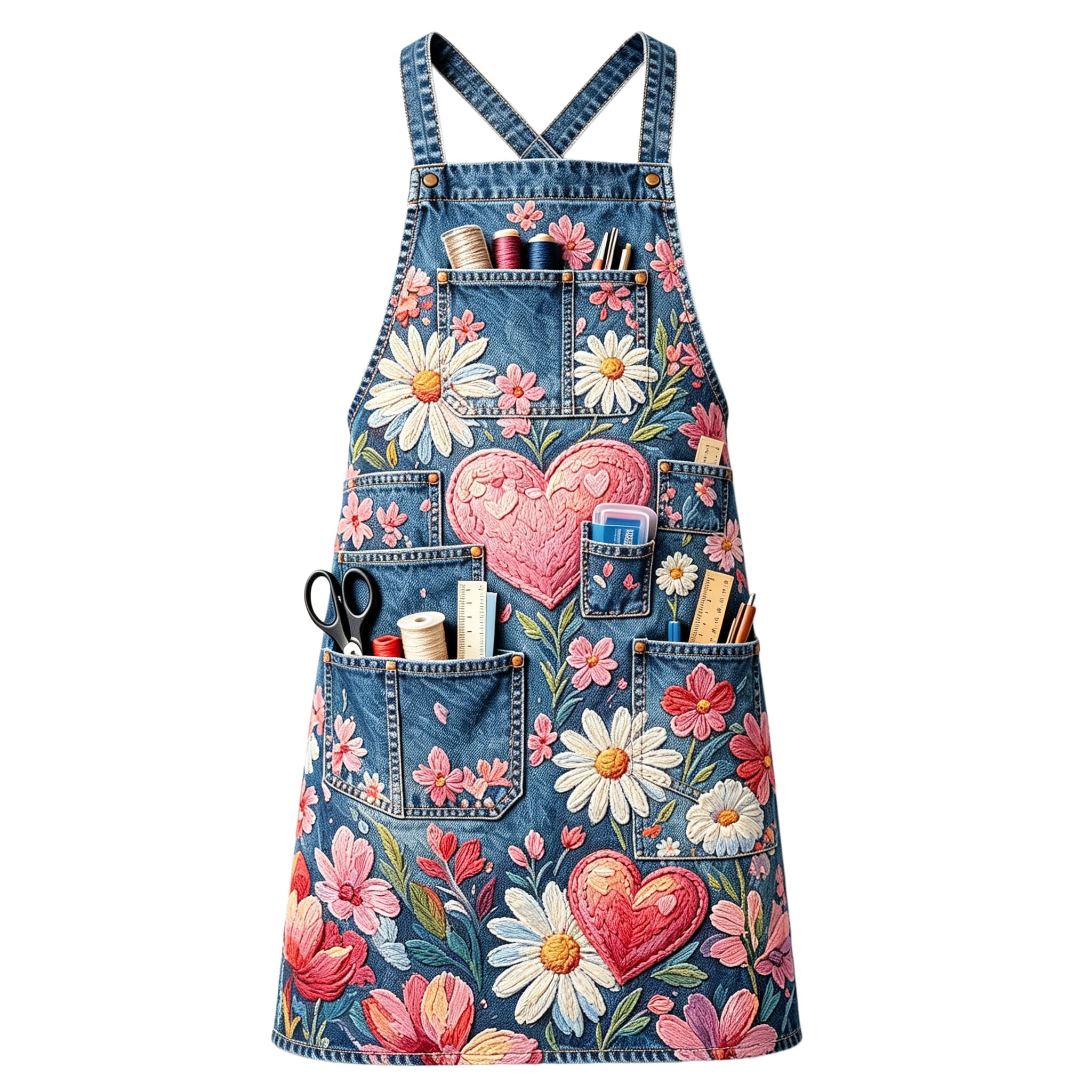 Sweet Heart & Daisy Bloom Multi-pocket Cross-back Embroidered Apron