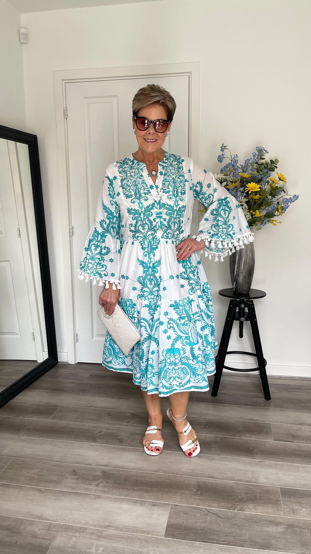 Turquoise Embroidered Tiered Midi Dress