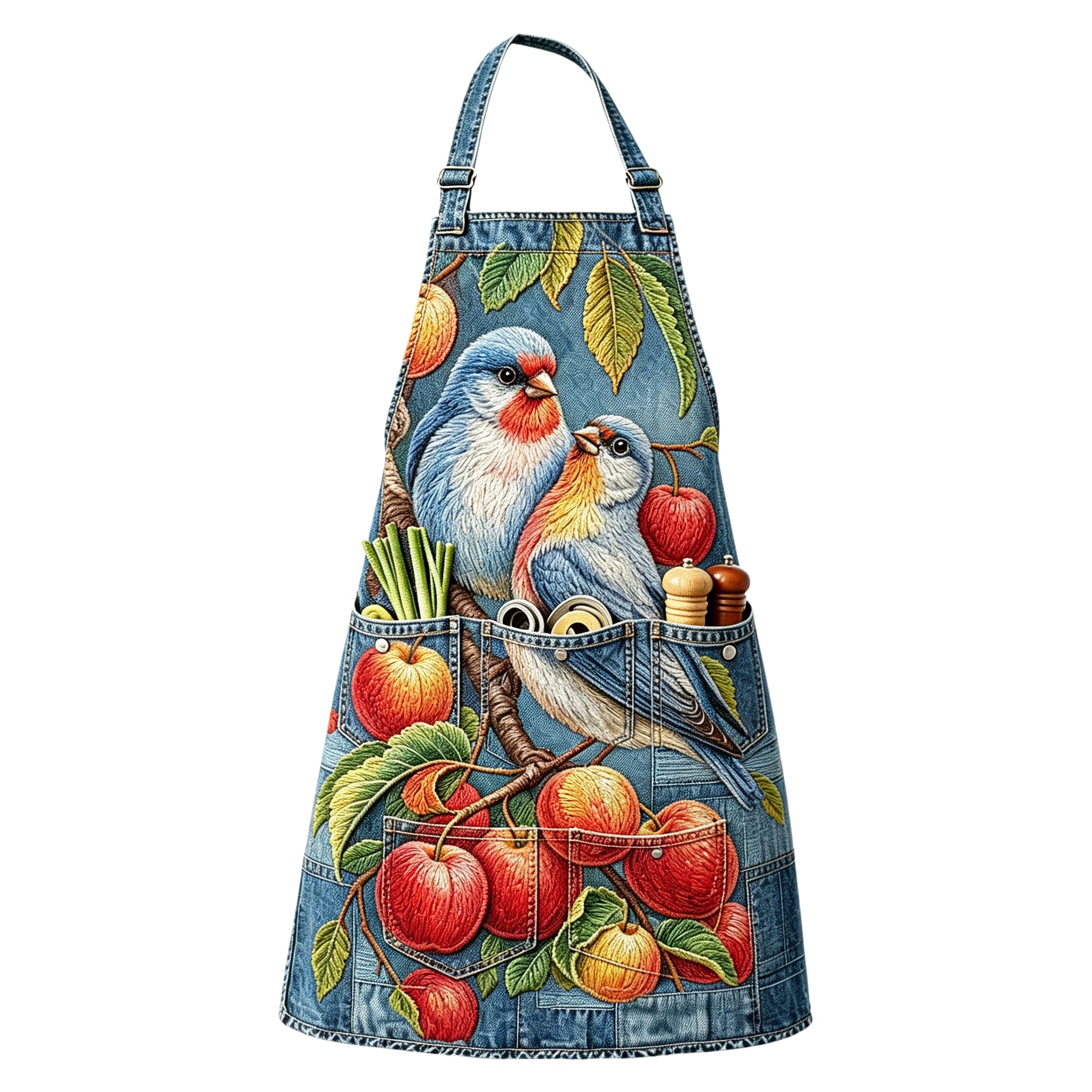 Apple Orchard Songbirds Realistic Utility Halter Embroidered Apron
