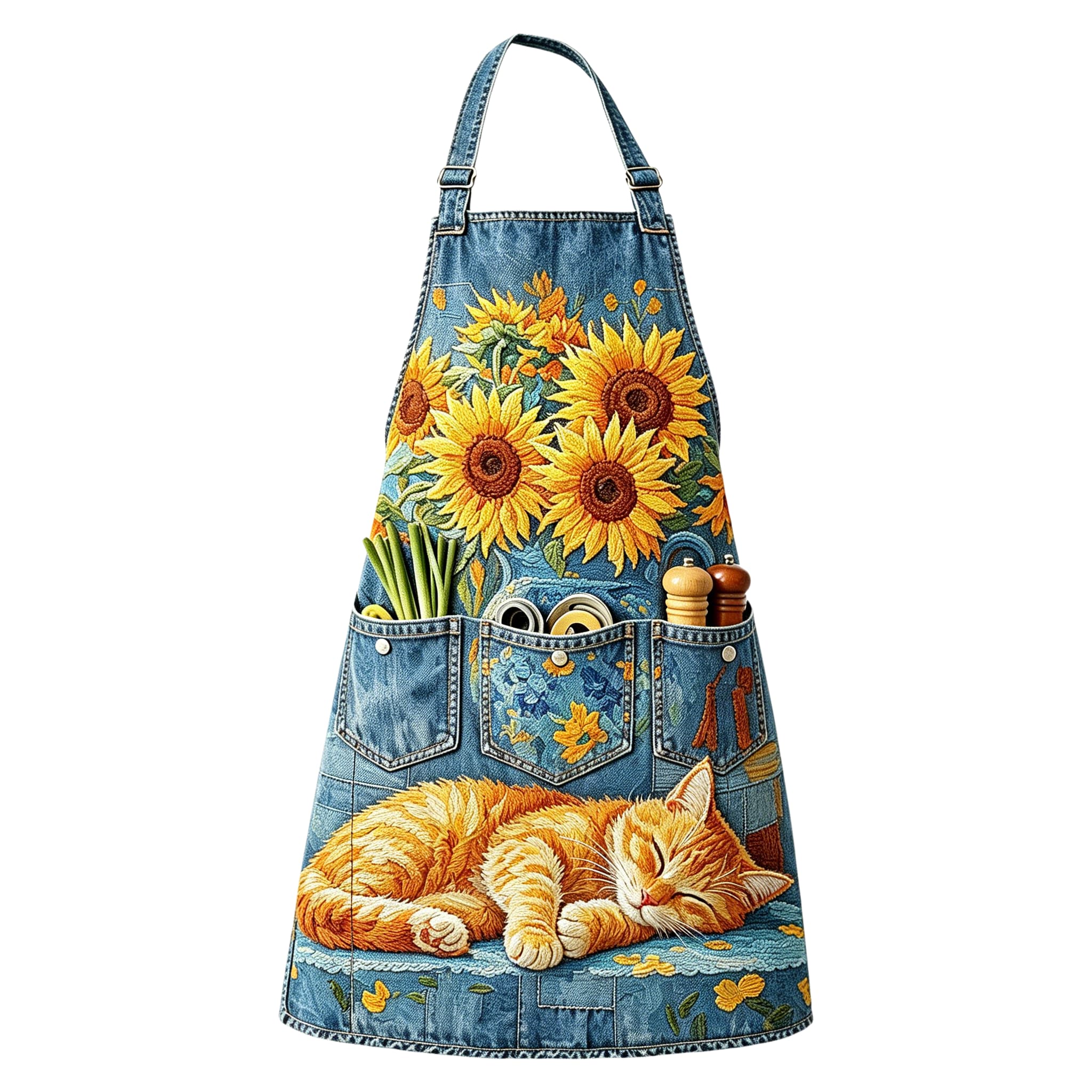 Van Gogh Inspired Sunflower & Sleeping Tabby Cat Utility Halter Embroidered Apron