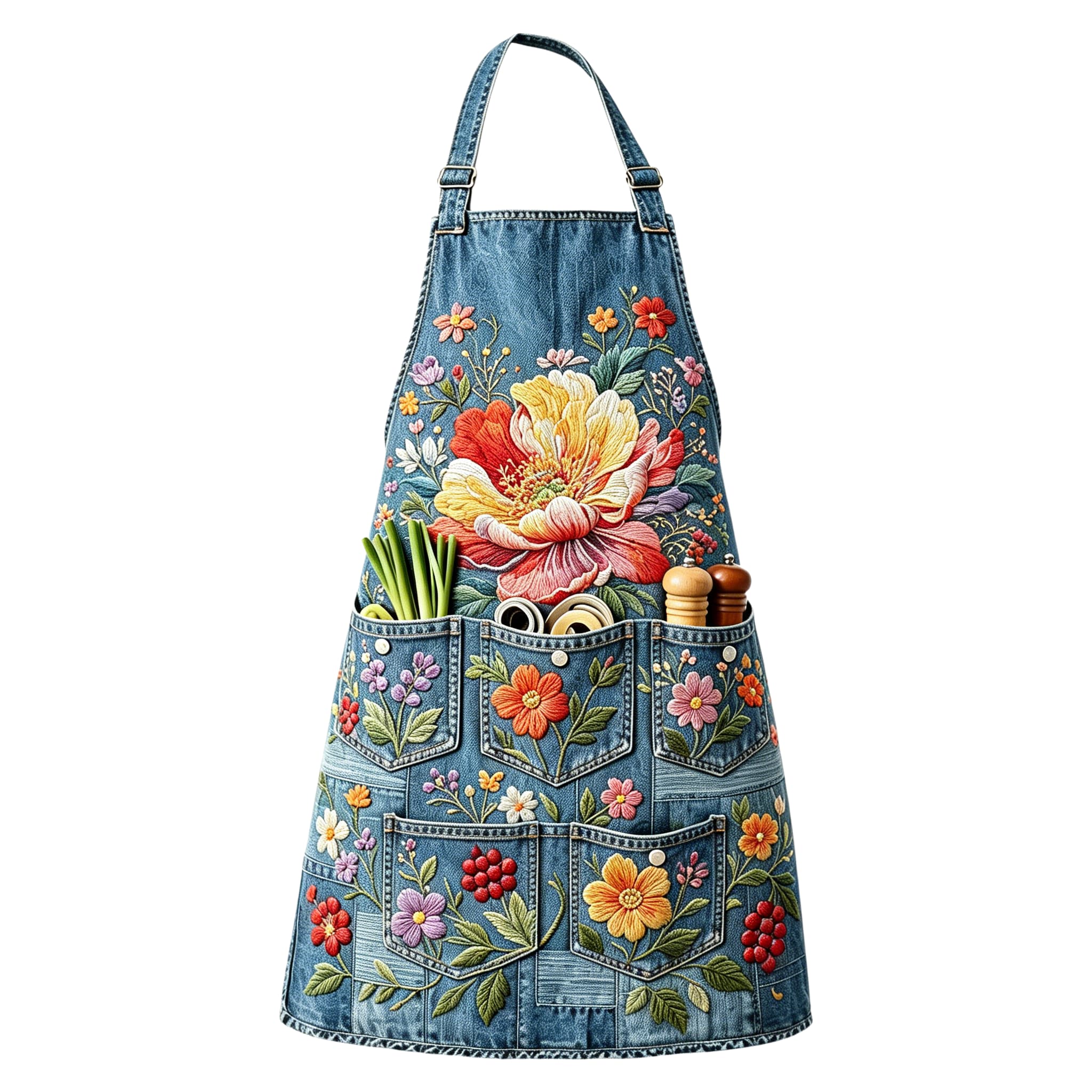 Lush Embroidered Wildflower Meadow Utility Halter Embroidered Apron
