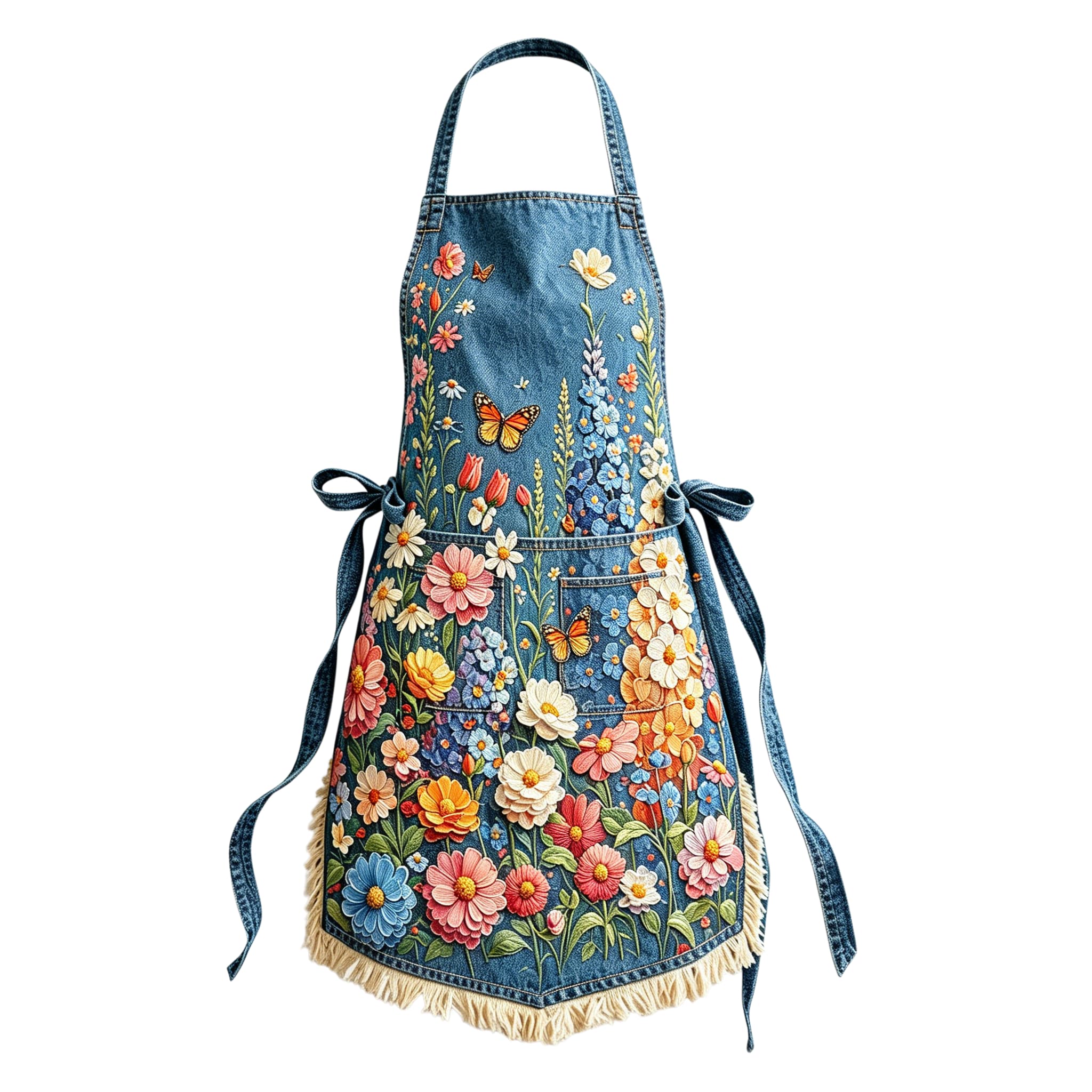 Lush Wildflower & Monarch Butterfly Garden Elegant Ribbon Embroidered Apron