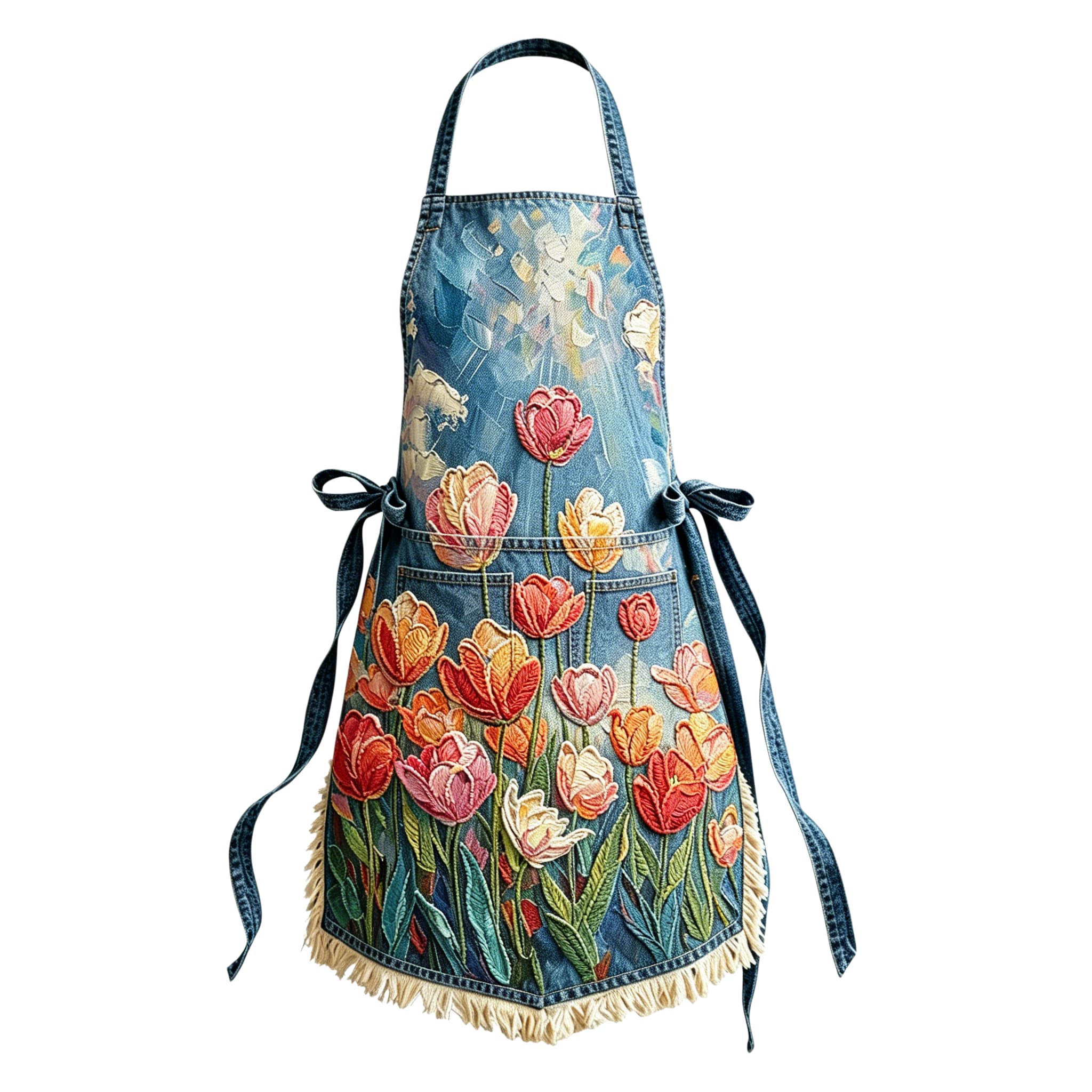 Vibrant Impasto Tulip Field Elegant Ribbon Embroidered Apron