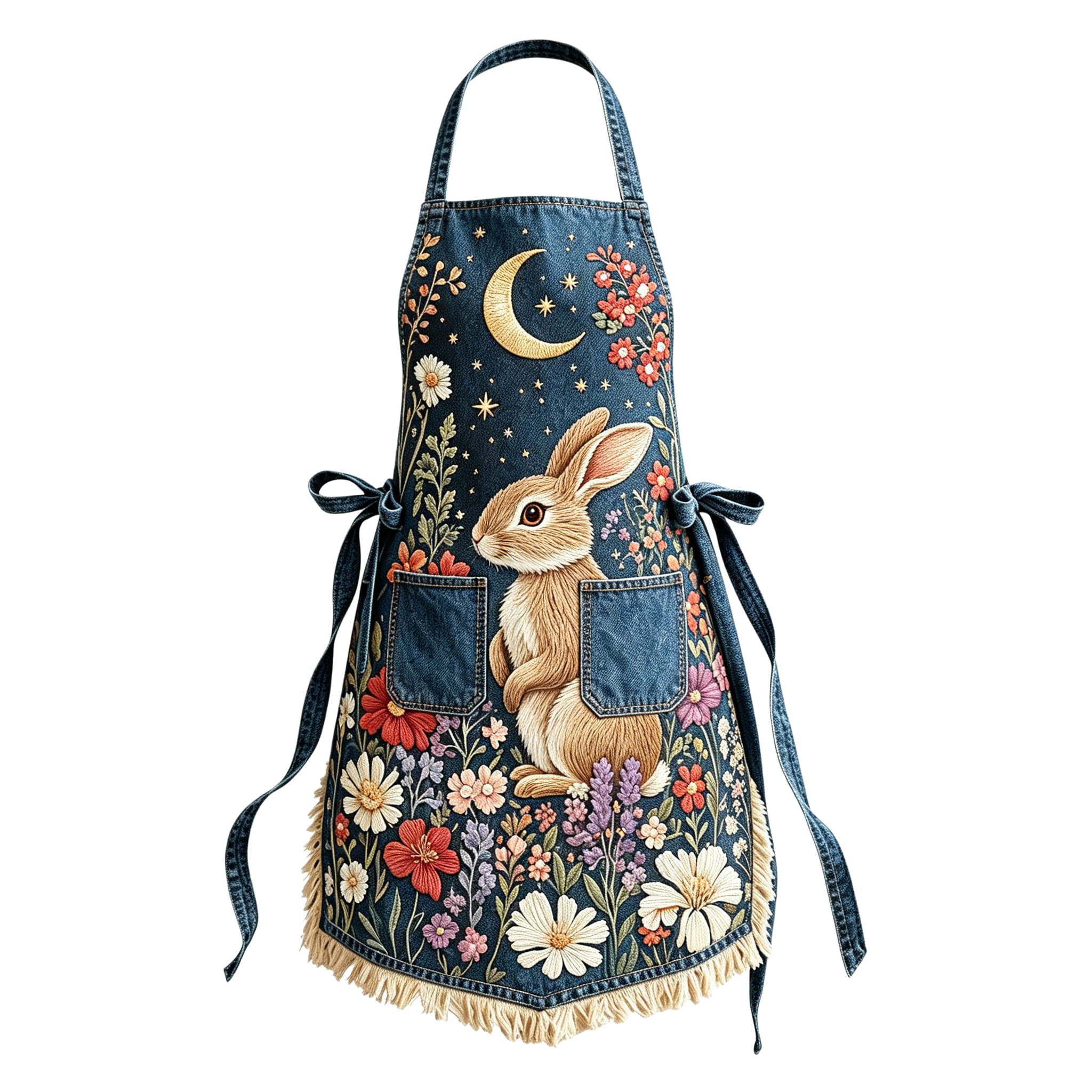Mystic Moonlit Bunny in Wildflower Night Elegant Ribbon Embroidered Apron