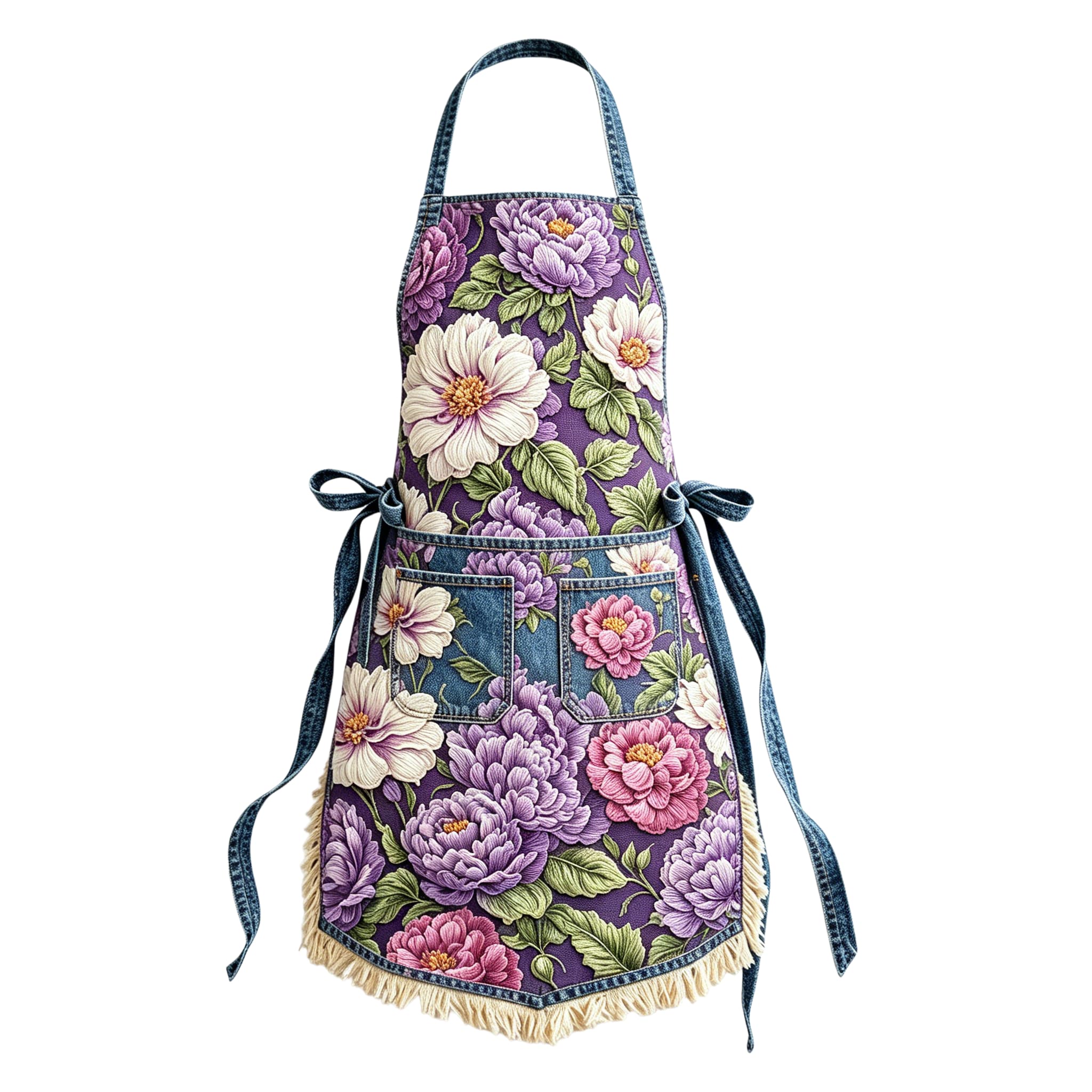 Lavender Peony Blossom Garden Elegant Ribbon Embroidered Apron