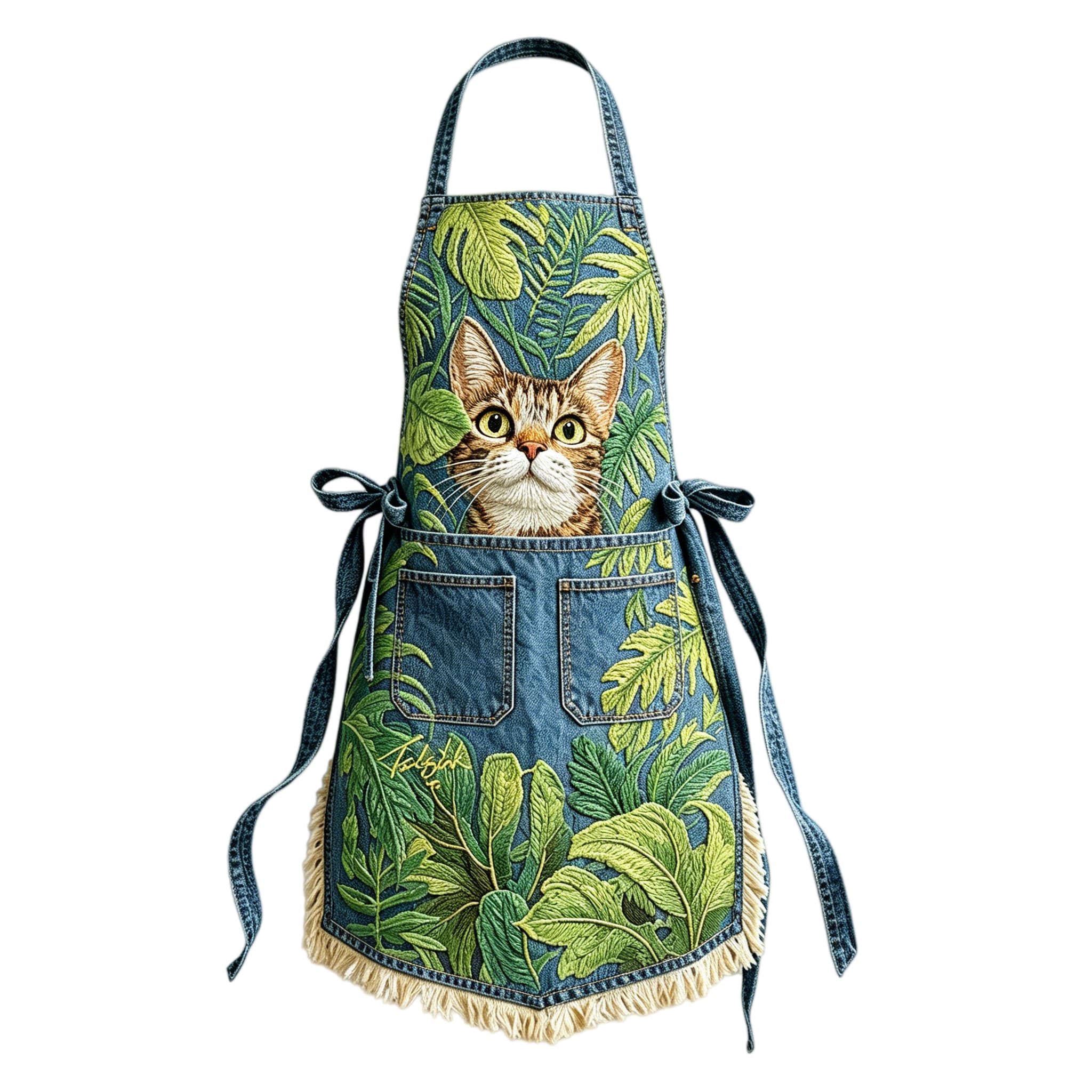 Jungle Peeking Tabby Cat Elegant Ribbon Embroidered Apron