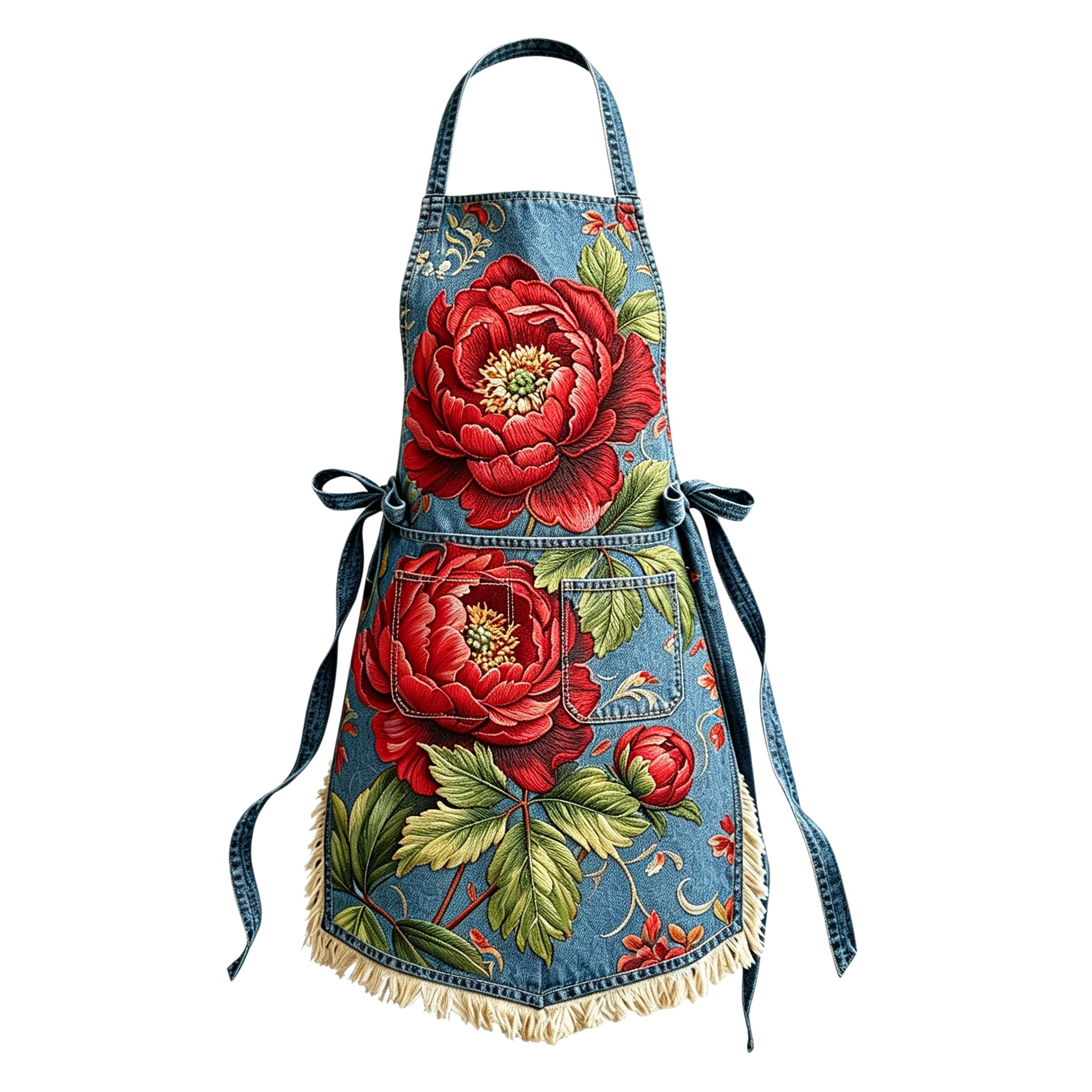 Vintage Rich Red Peony Blossom Elegant Ribbon Embroidered Apron