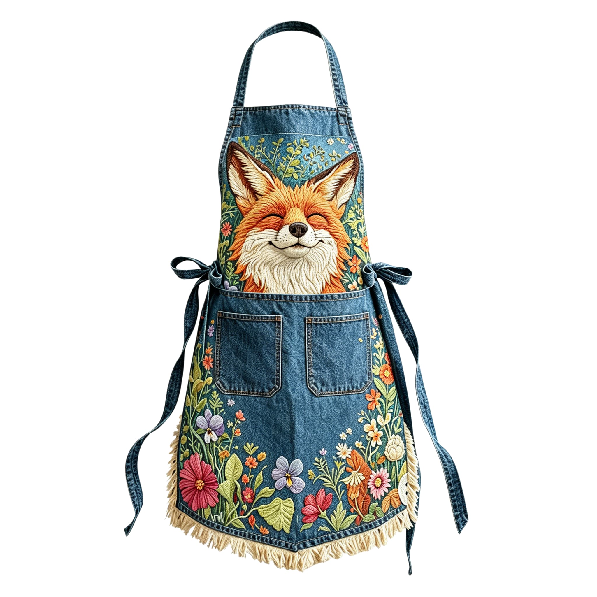 Whimsical Smiling Fox in Wildflower Meadow Elegant Ribbon Embroidered Apron