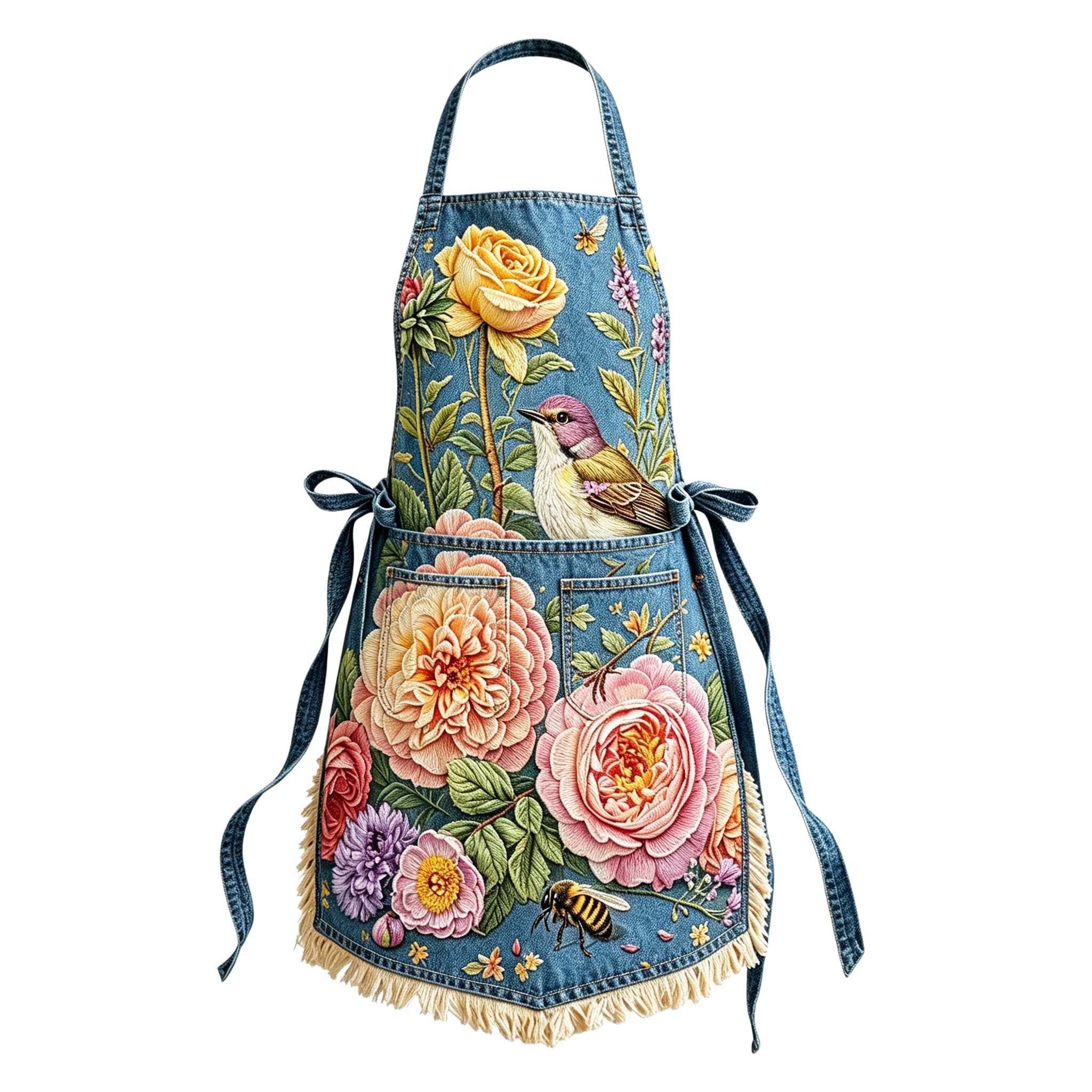 Vintage Rose Garden & Songbird Elegant Ribbon Embroidered Apron