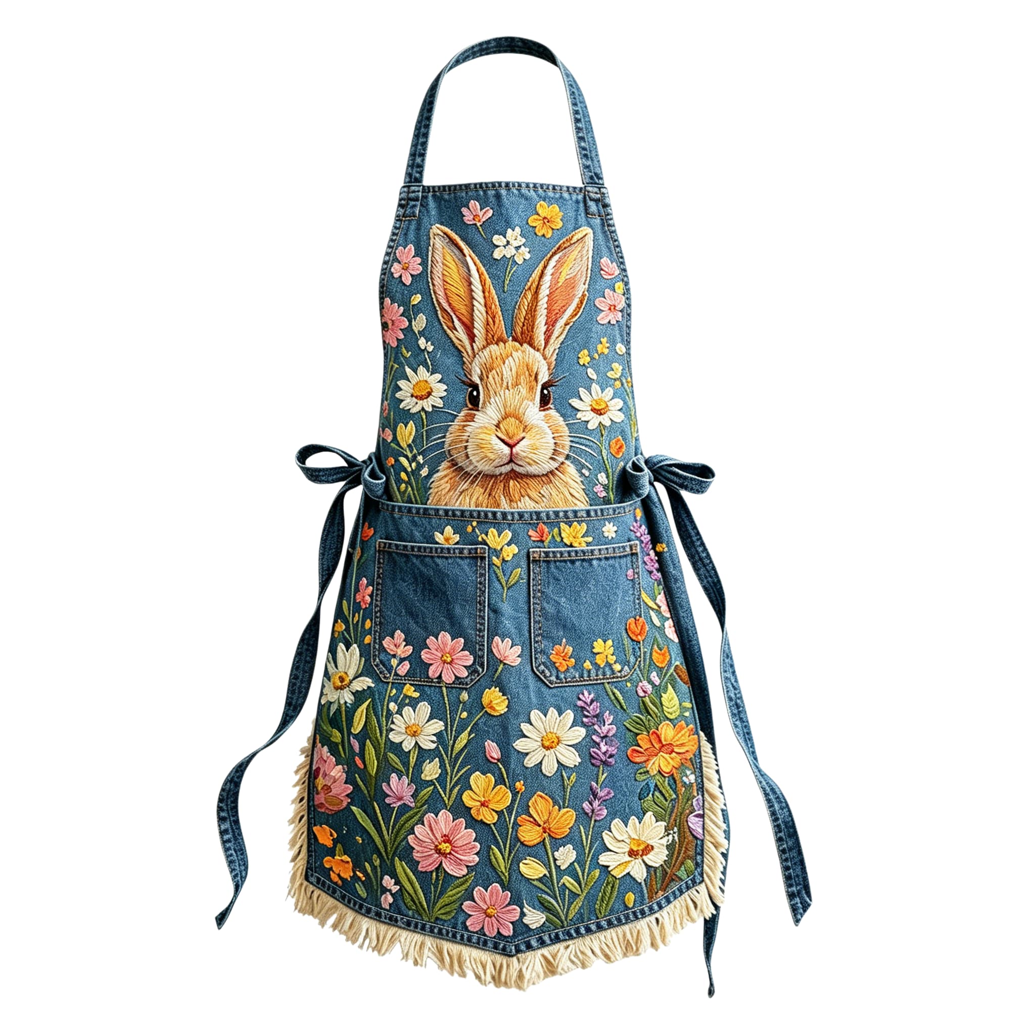 Whimsical Bunny in Wildflower Meadow Elegant Ribbon Embroidered Apron