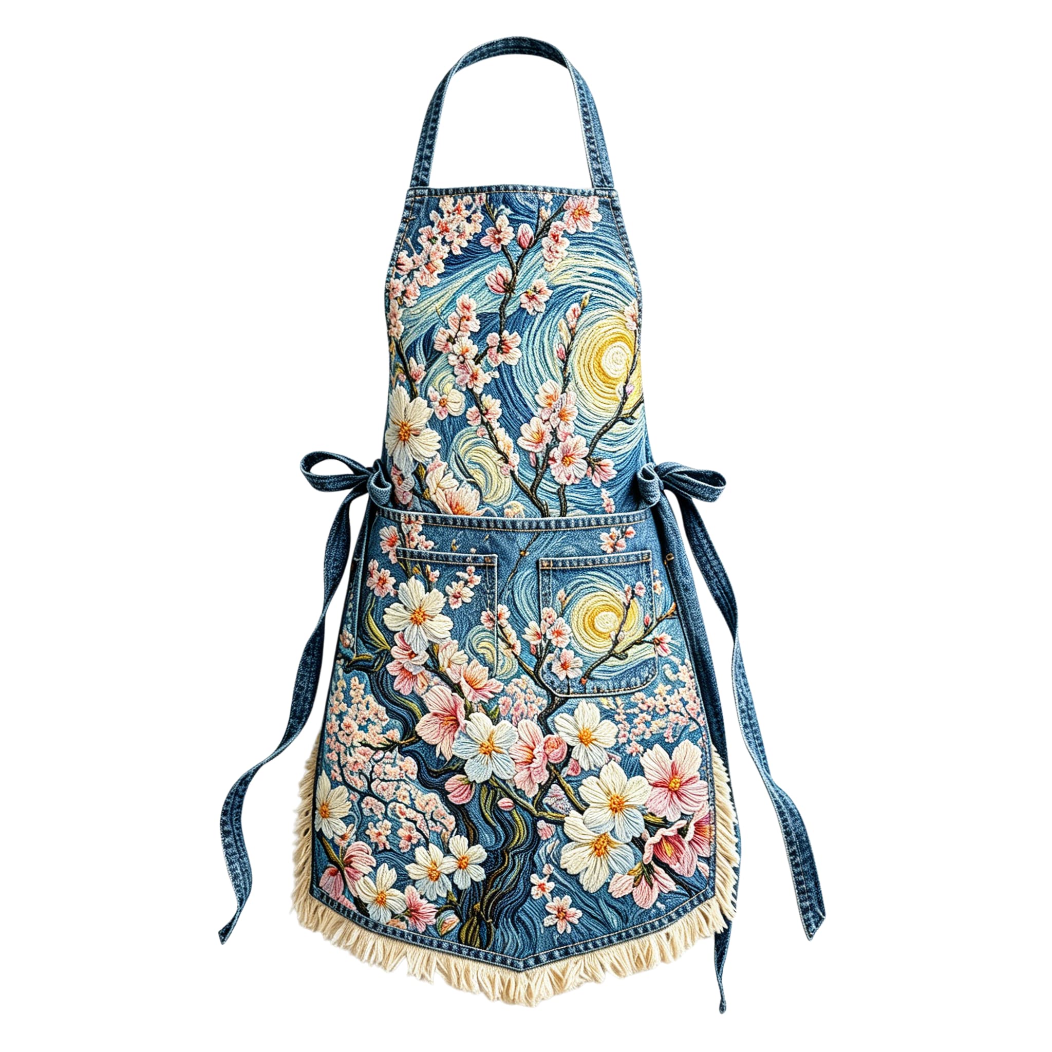 Van Gogh Inspired Starry Blossom Almond Tree Elegant Ribbon Embroidered Apron