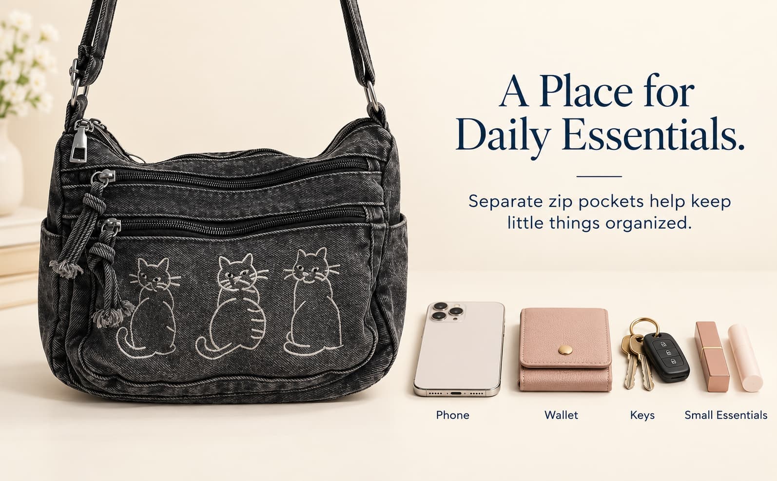 Everyday Cat Detail Denim Crossbody Bag