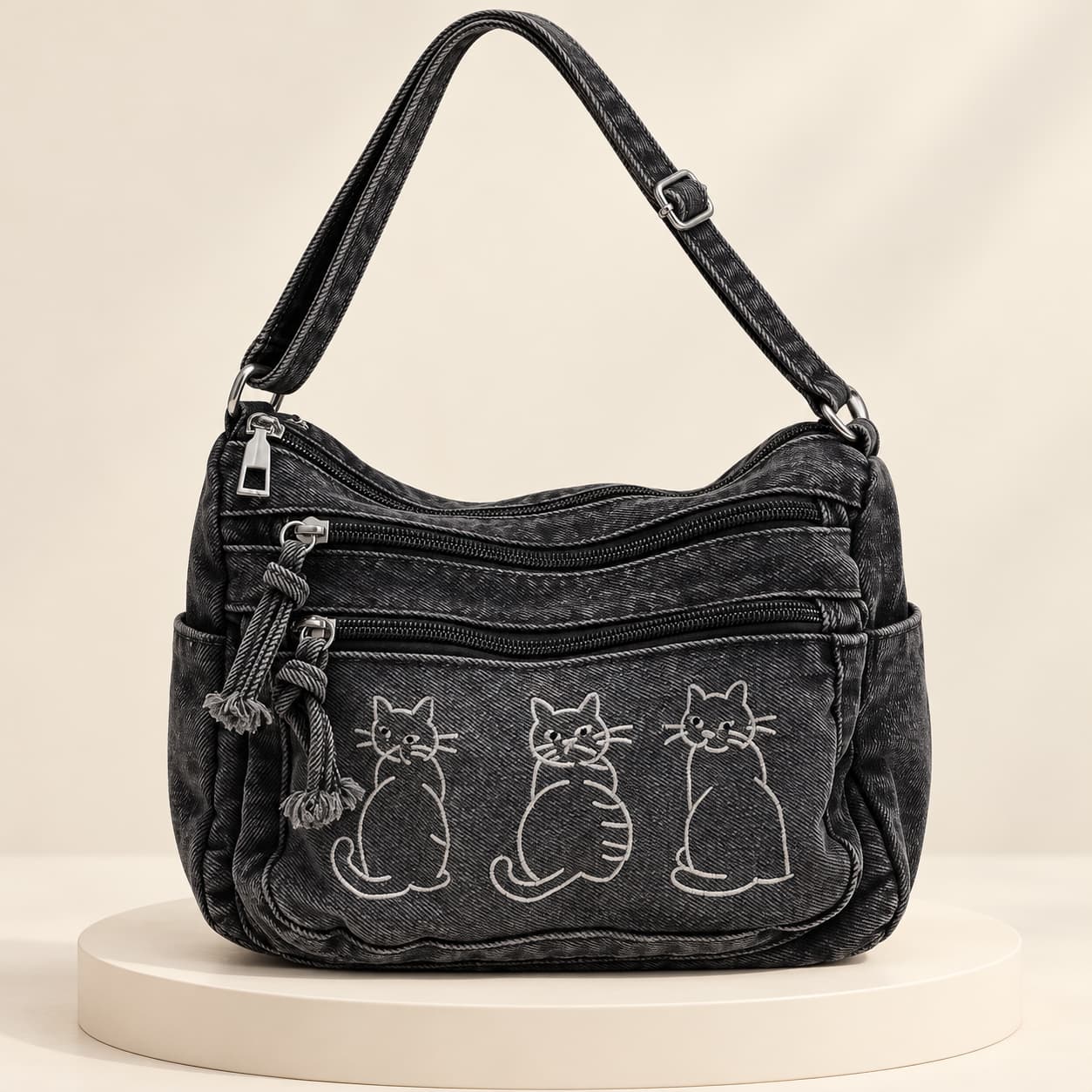 Everyday Cat Detail Denim Crossbody Bag