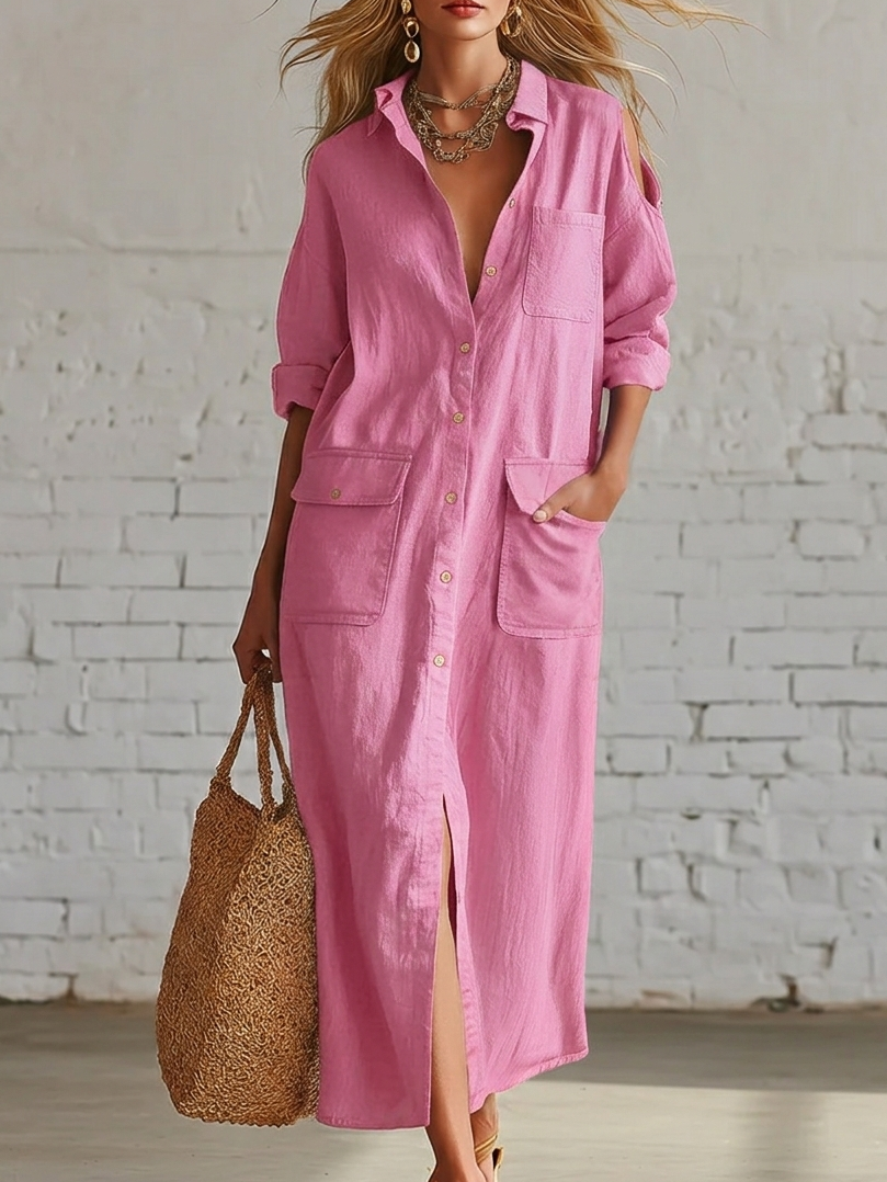 Casual Artistic Hollow-out Shoulder Linen Cotton Dress