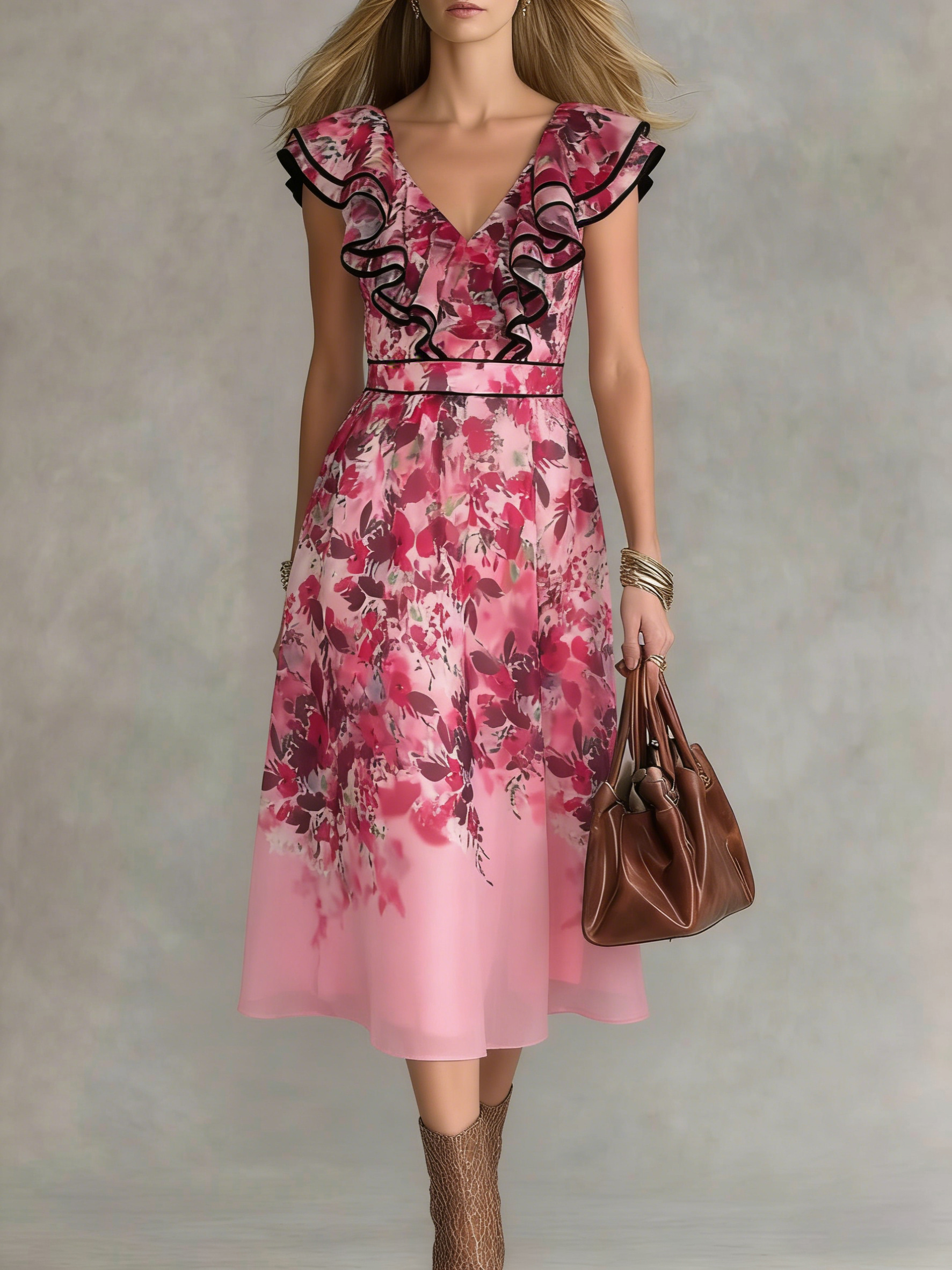 Ruffled V-Neck Pink Floral Midi Dress