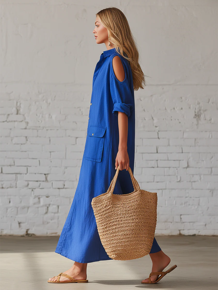 Casual Artistic Hollow-out Shoulder Linen Cotton Dress