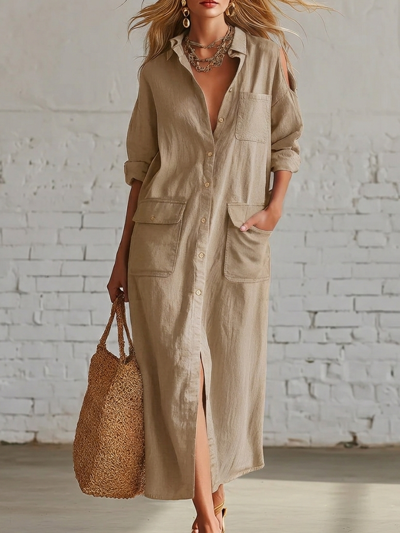 Casual Artistic Hollow-out Shoulder Linen Cotton Dress