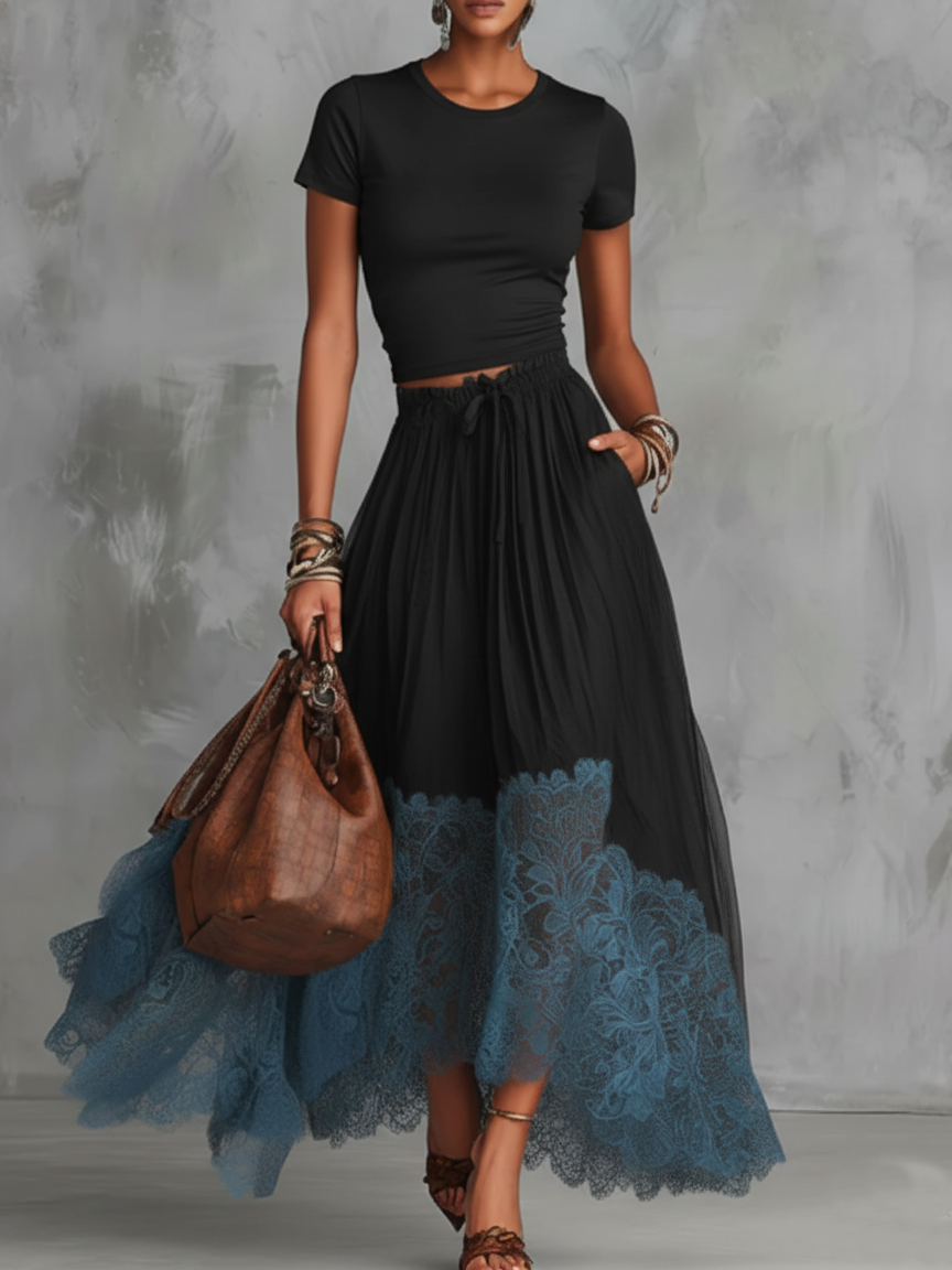 Stylish Stretch T-shirt And Lace-trimmed Skirt Two-piece Set