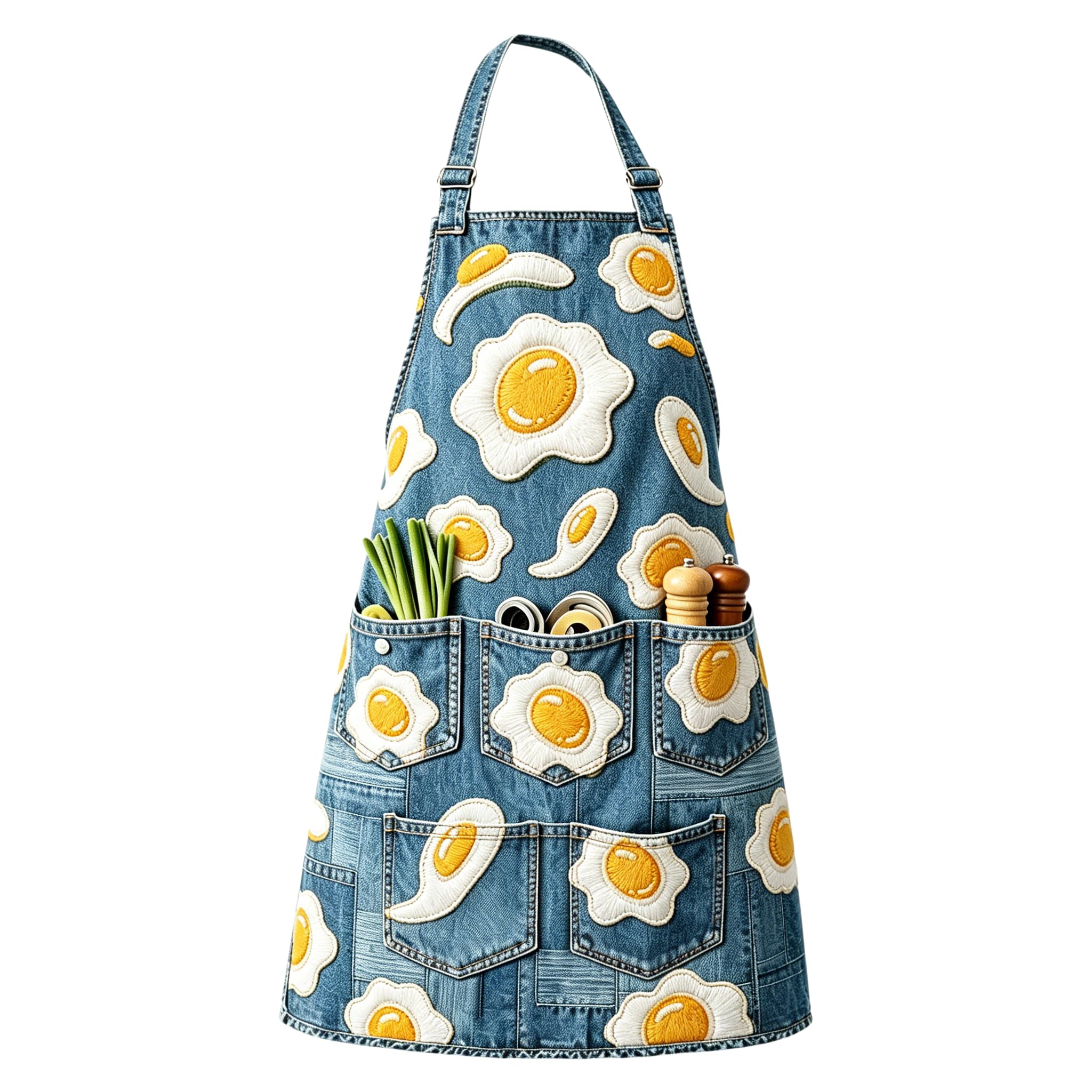 Playful Fried Egg Allover Print Utility Halter Embroidered Apron