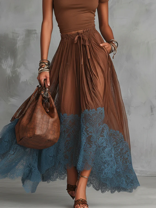 Stylish Stretch T-shirt And Lace-trimmed Skirt Two-piece Set