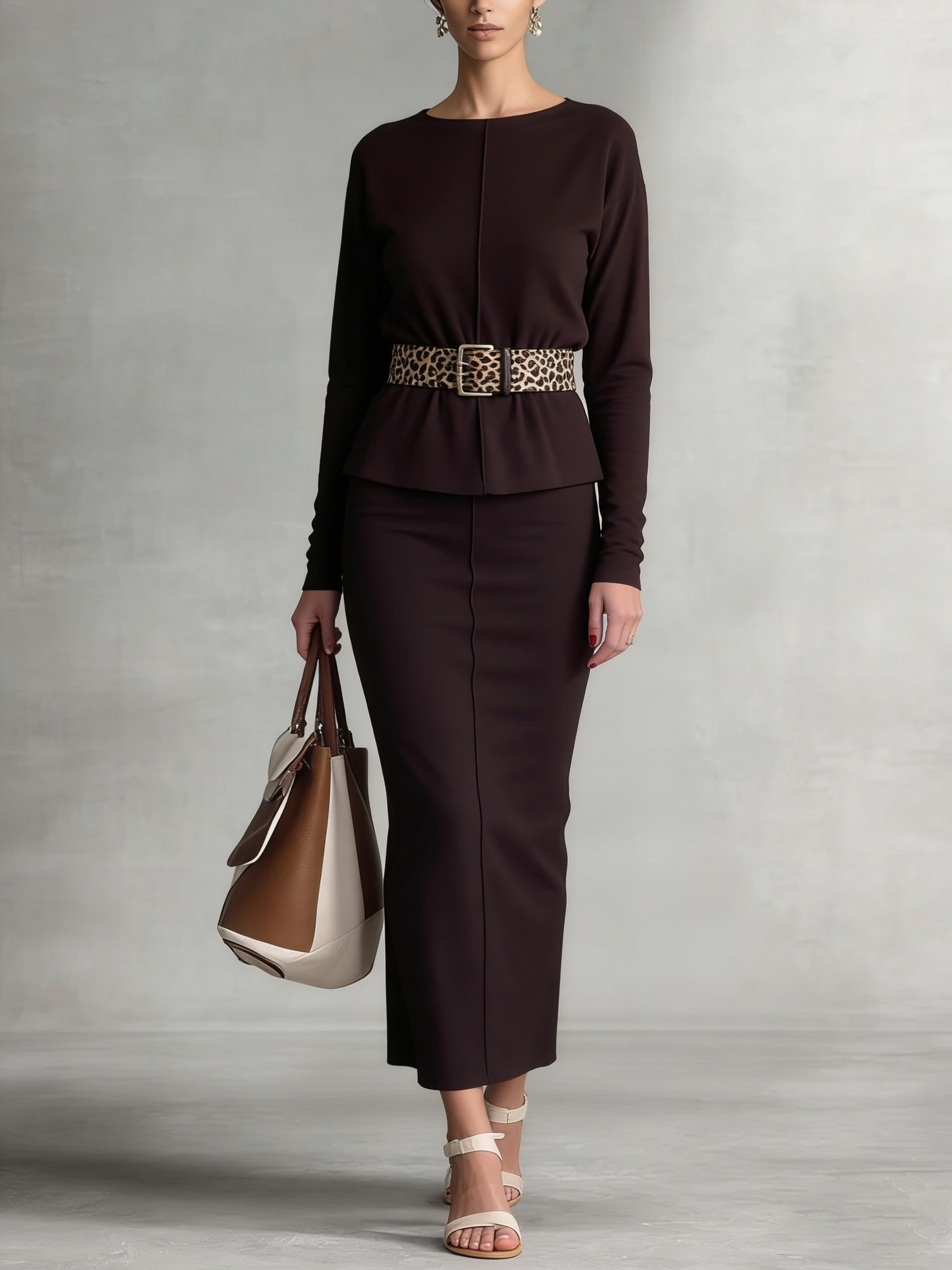 Chocolate Brown Belted Two-Piece Set 