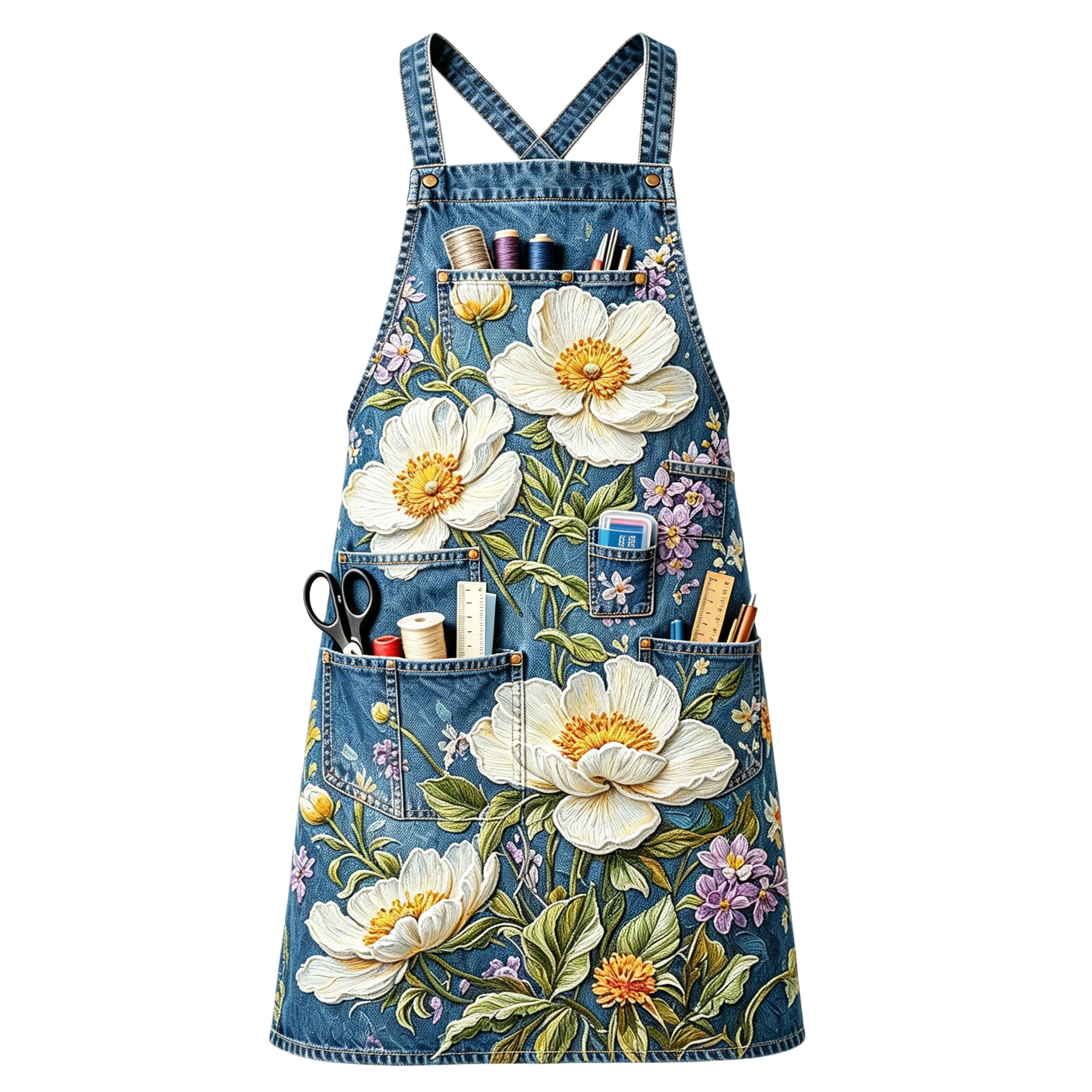 Elegant White Peony & Lavender Breeze Multi-pocket Cross-back Embroidered Apron
